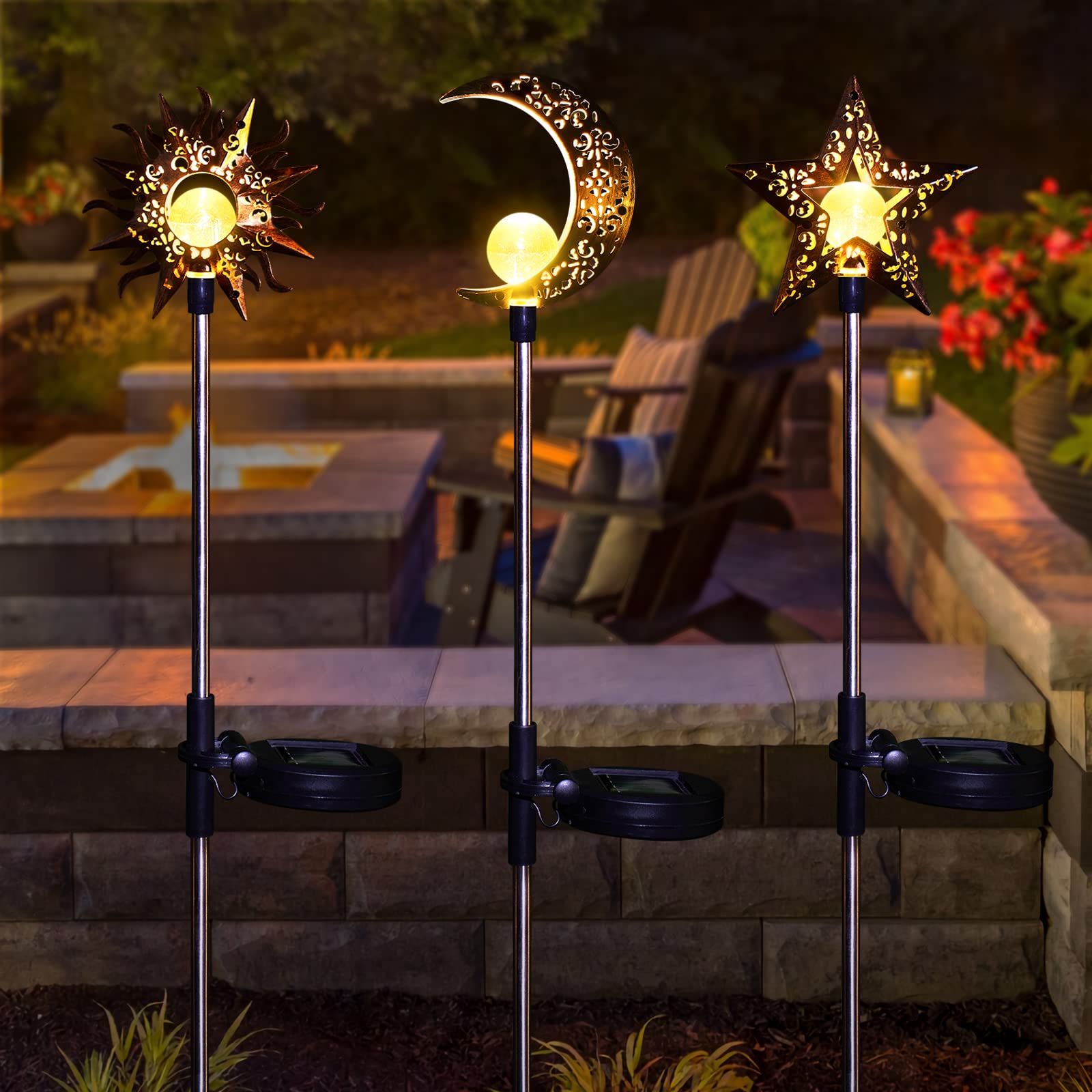 Solar Lights Outdoor Garden Decorations - Waterproof Warm White LED Stake Lights for Pathway, Lawn, Patio & Backyard | Sun Moon Star Design | Perfect for Courtyard, Yard & Landscape Lighting at Night
