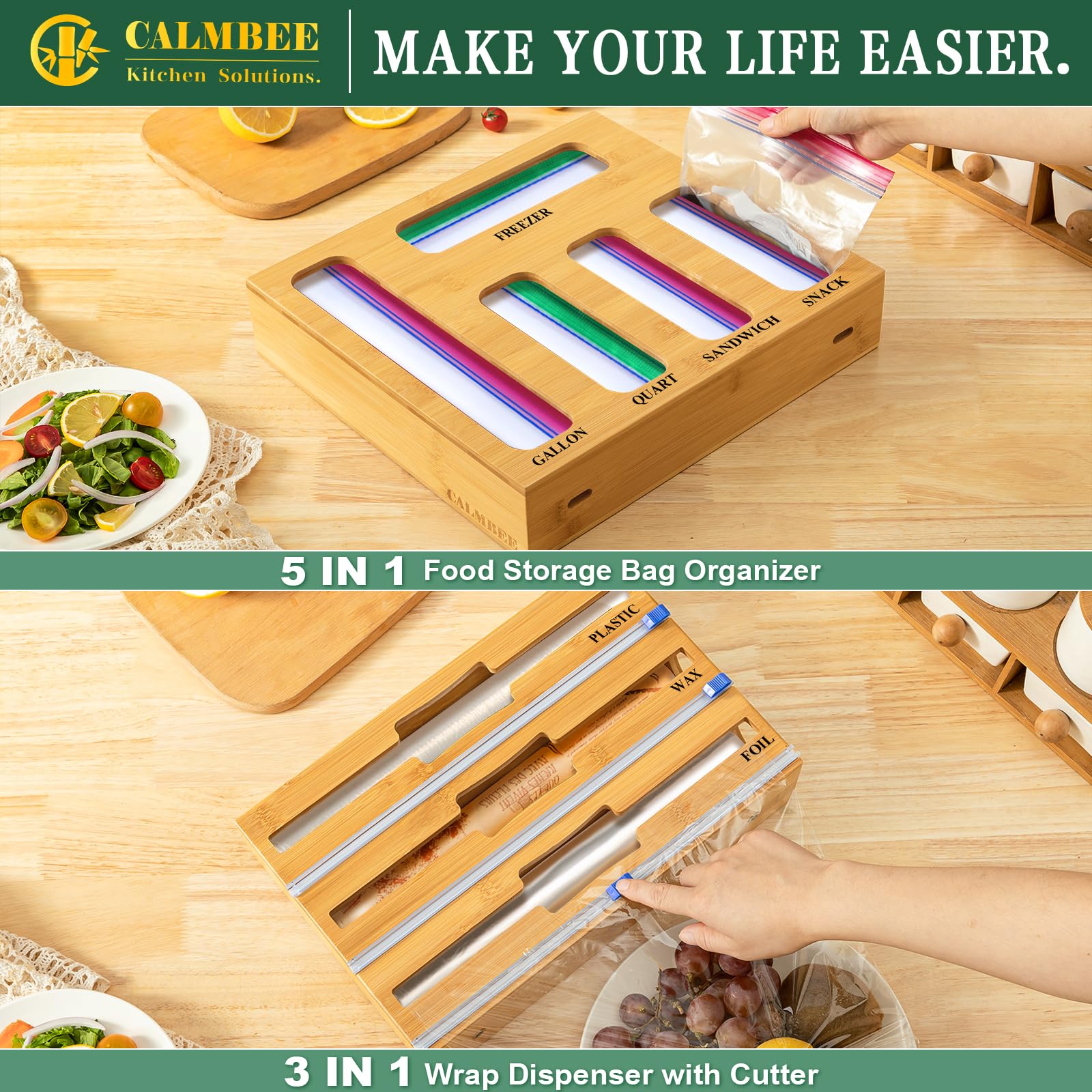 Calmbee 9-in-1 Kitchen Drawer Organizer - Bamboo Foil & Plastic Wrap Storage with Built-in Cutter - Fits Gallon, Quart & Sandwich Bags - Space Saving Solution for Pantry & Food Storage Organization