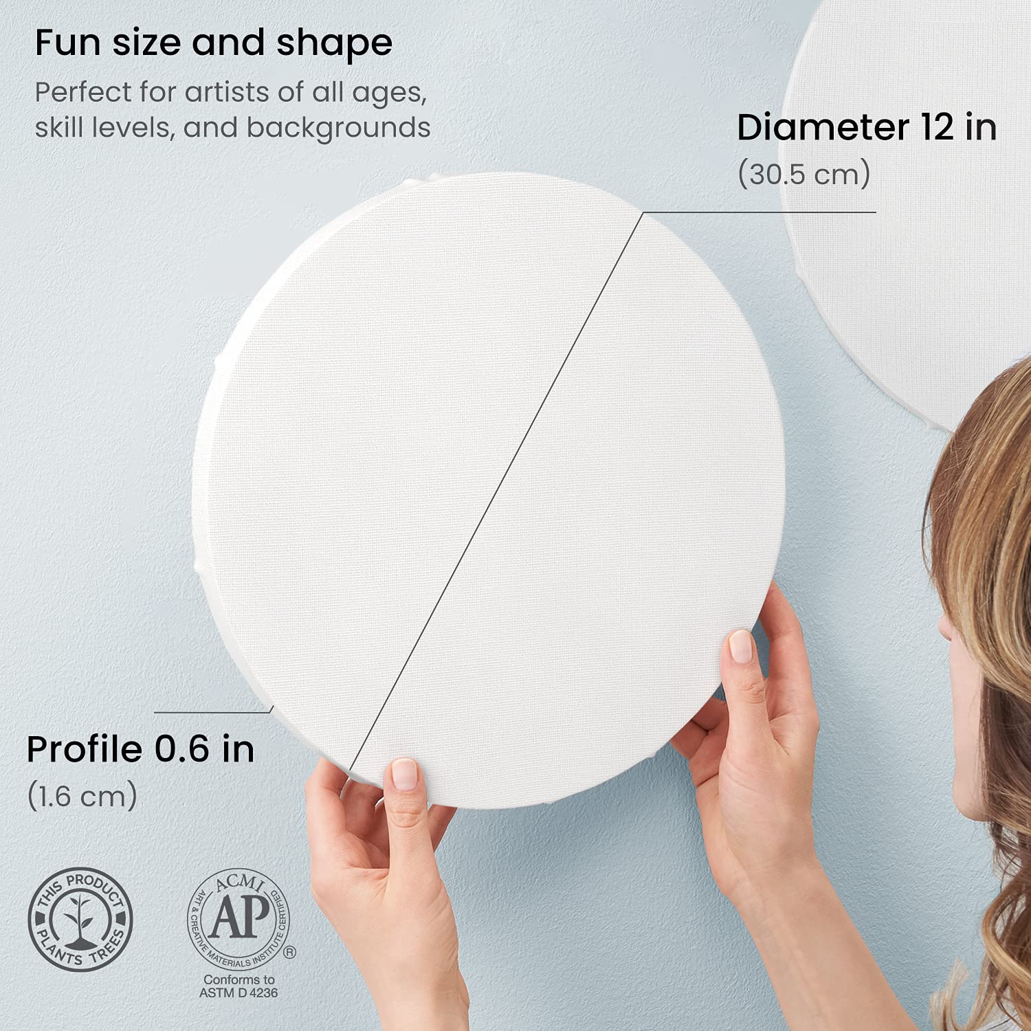 ARTEZA 12 Inch Round Stretched Canvas - Pack of 6 Blank White Painting Panels for Acrylic, Oil & Gouache - Perfect for Artists, Beginners & Home Decor (Wall Art, DIY Projects, Gift Ideas)