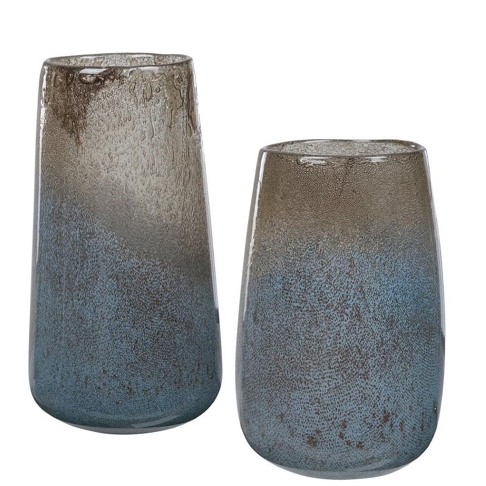Bowery Hill Glass Vase Set of 2 - Taupe and Light Blue Ombre Handmade Home Decor for Centerpieces, Wedding Decorations & Living Room Accents
