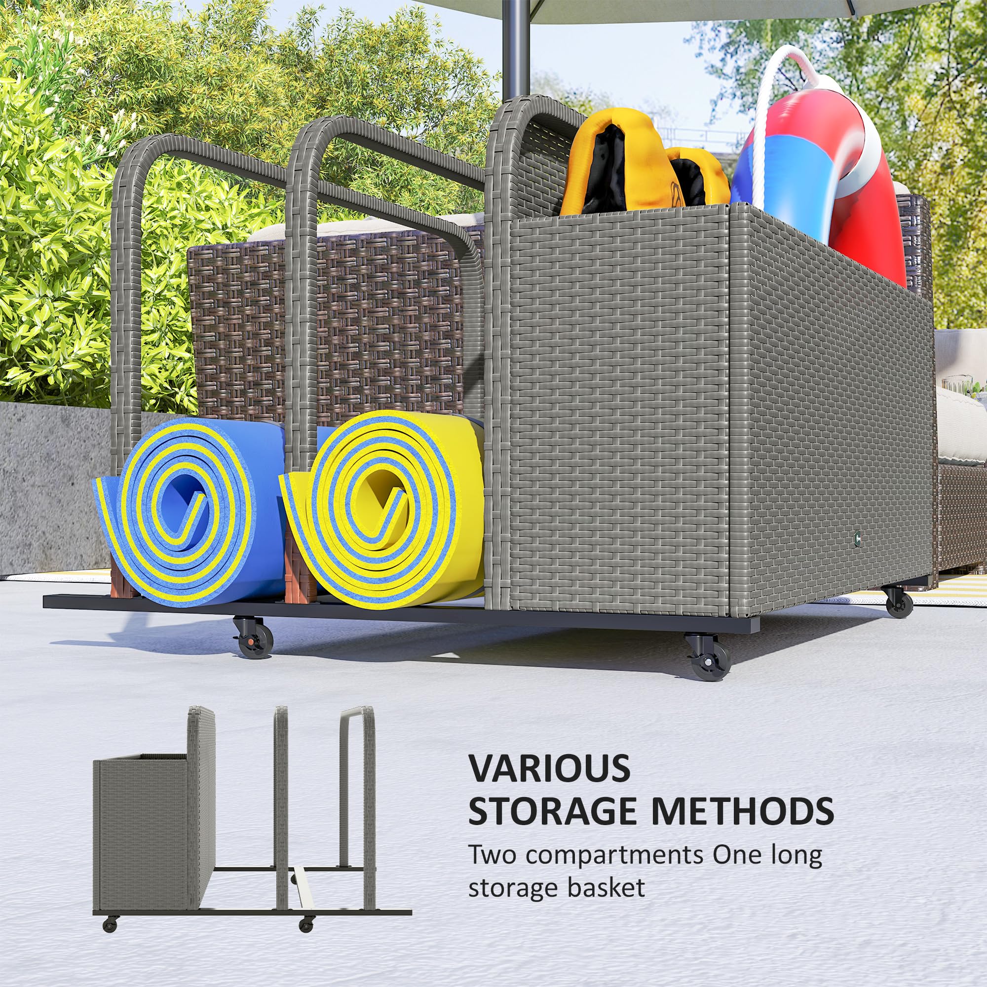 Outsunny PE Rattan Pool Float Storage Basket with Wheels - Outdoor Wicker Caddy Organizer for Pool Toys, Floaties, Noodles, Beach Balls & Life Vests - Durable Gray Patio Storage for Backyard, Poolside & Beach Use