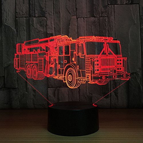 3D Fire Engine Truck Car Night Light - 7 Color Changing LED Table Lamp for Kids Room, Desk, Nursery | Optical Illusion Lamp for Christmas, Birthday Gift & Home Decor | Children's Toy & Night Light for Bedtime