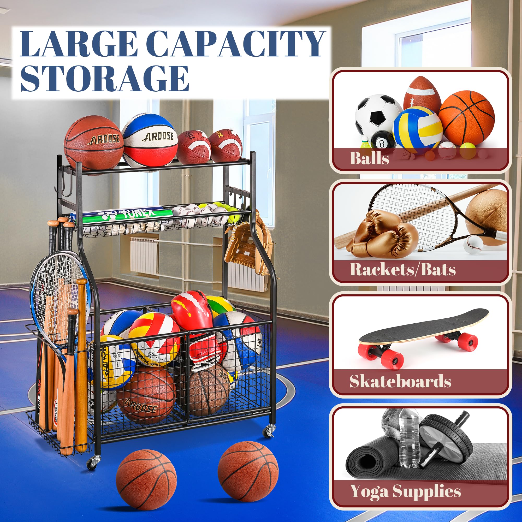 Mythinglogic Sports Equipment Garage Organizer - Rolling Ball Cart with Wheels for Basketball, Soccer, Football Storage | Indoor & Outdoor Sports Gear & Toy Organizer for Garage, Basement, Backyard, Playroom
