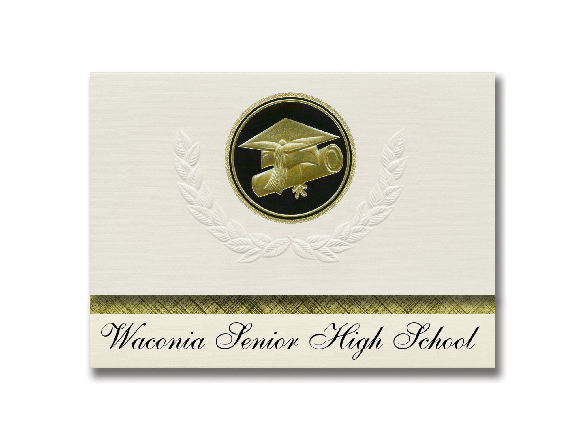 Waconia Senior High School Graduation Announcements - Presidential Style Elite Package of 25 with Cap & Diploma Seal in Black & Gold | Formal Graduation Ceremony Invitations for High School Seniors