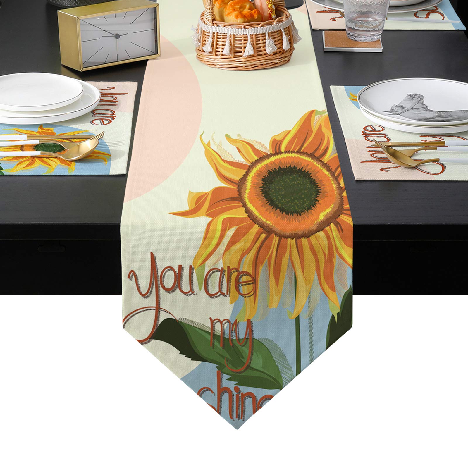 BABE MAPS Sunflower Table Runner and 6-Piece Placemats Set - 13x19 Inch Cotton Linen Washable Dining Table Mats for Kitchen, Living Room, Office Desk - Perfect for Family Dinners, Parties & Home Decor - Sunflower 