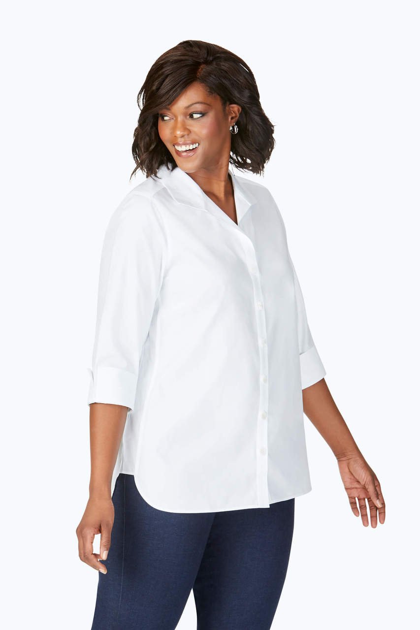 Pandora No Iron Pinpoint 3/4 Sleeve Tunic Shirt - Wrinkle-Free Women's Blouse for Work & Casual Wear | Perfect for Office, Travel & Everyday Outfits