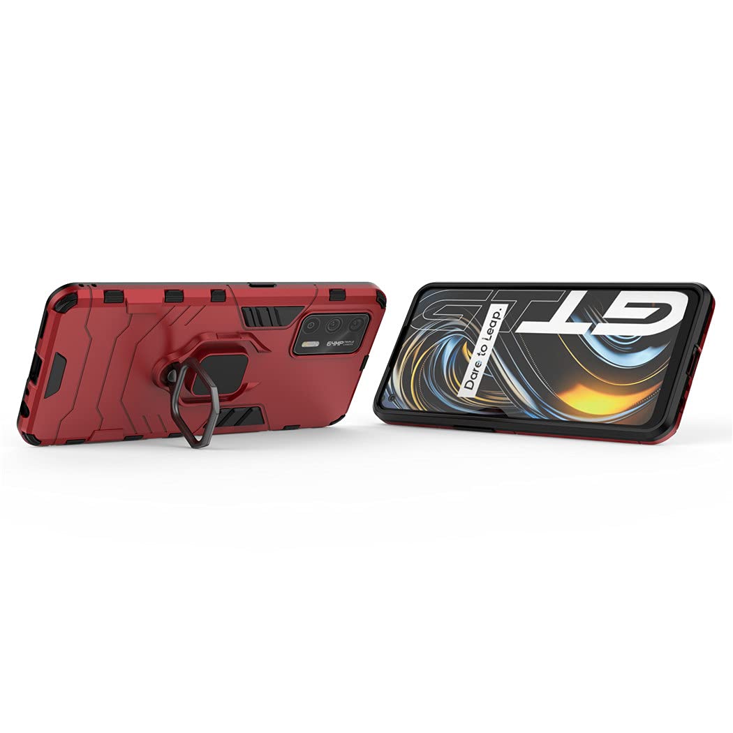 Oppo Realme GT 5G Case | Realme GT Neo Shockproof Hard Bumper Cover with Metal Ring Grip & Kickstand | Magnetic Car Mount Compatible | Dual Layer Rugged Protection (Red) - Perfect for Outdoor Activities & Daily Use