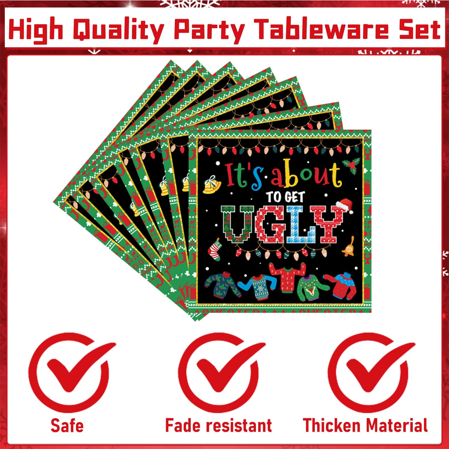 96PCS Ugly Christmas Sweater Party Supplies Set - Disposable Plates, Napkins & Forks for 24 Guests | Tacky Holiday Dinnerware for Xmas Decorations & Ugly Sweater Theme Parties