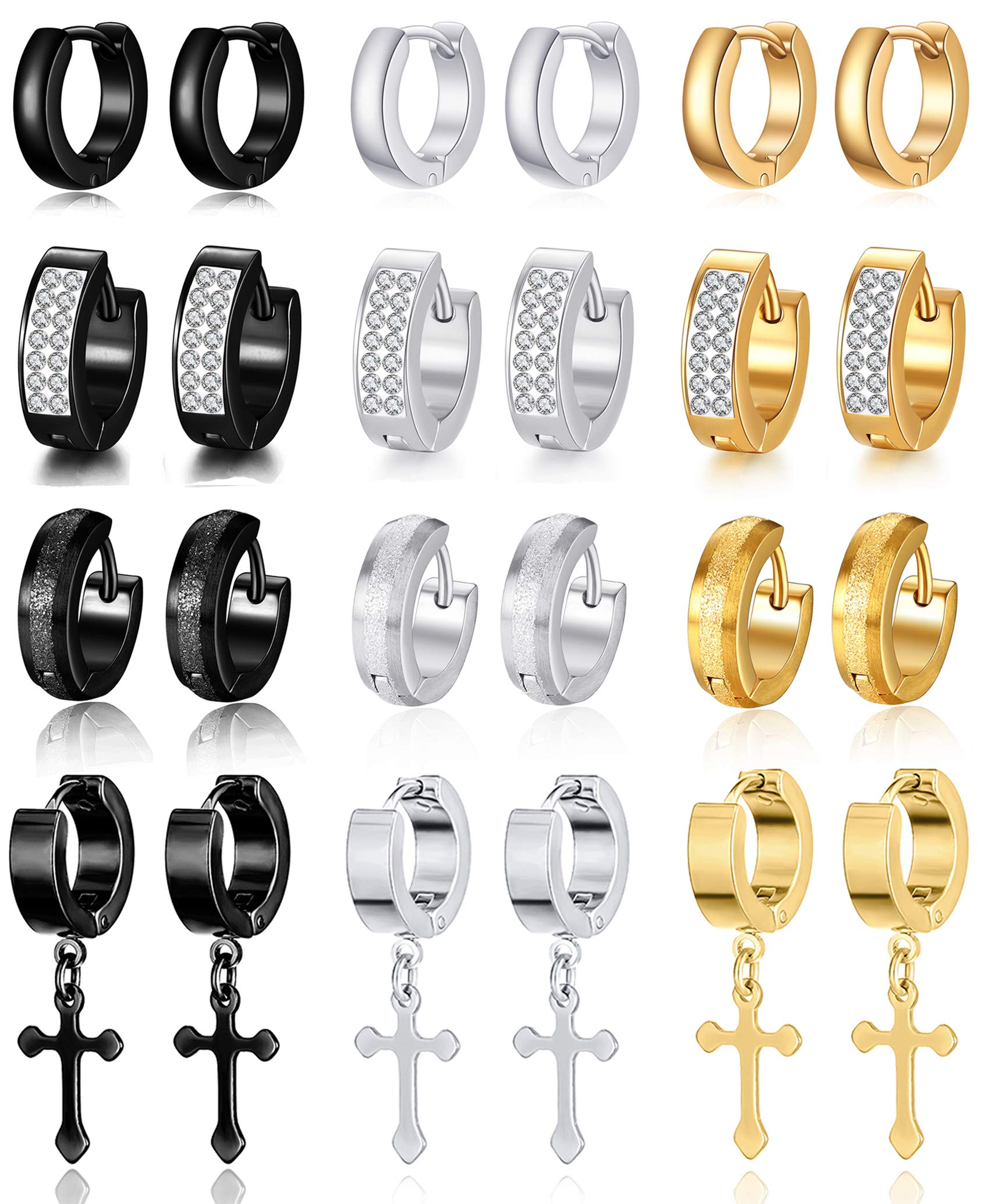 12 Pairs Stainless Steel Small Hoop Earrings Set - CZ Inlaid Huggie & Dangle Earrings for Men & Women (Silver/Black/Gold) | Everyday Wear, Gift Giving, Party & Wedding Accessories