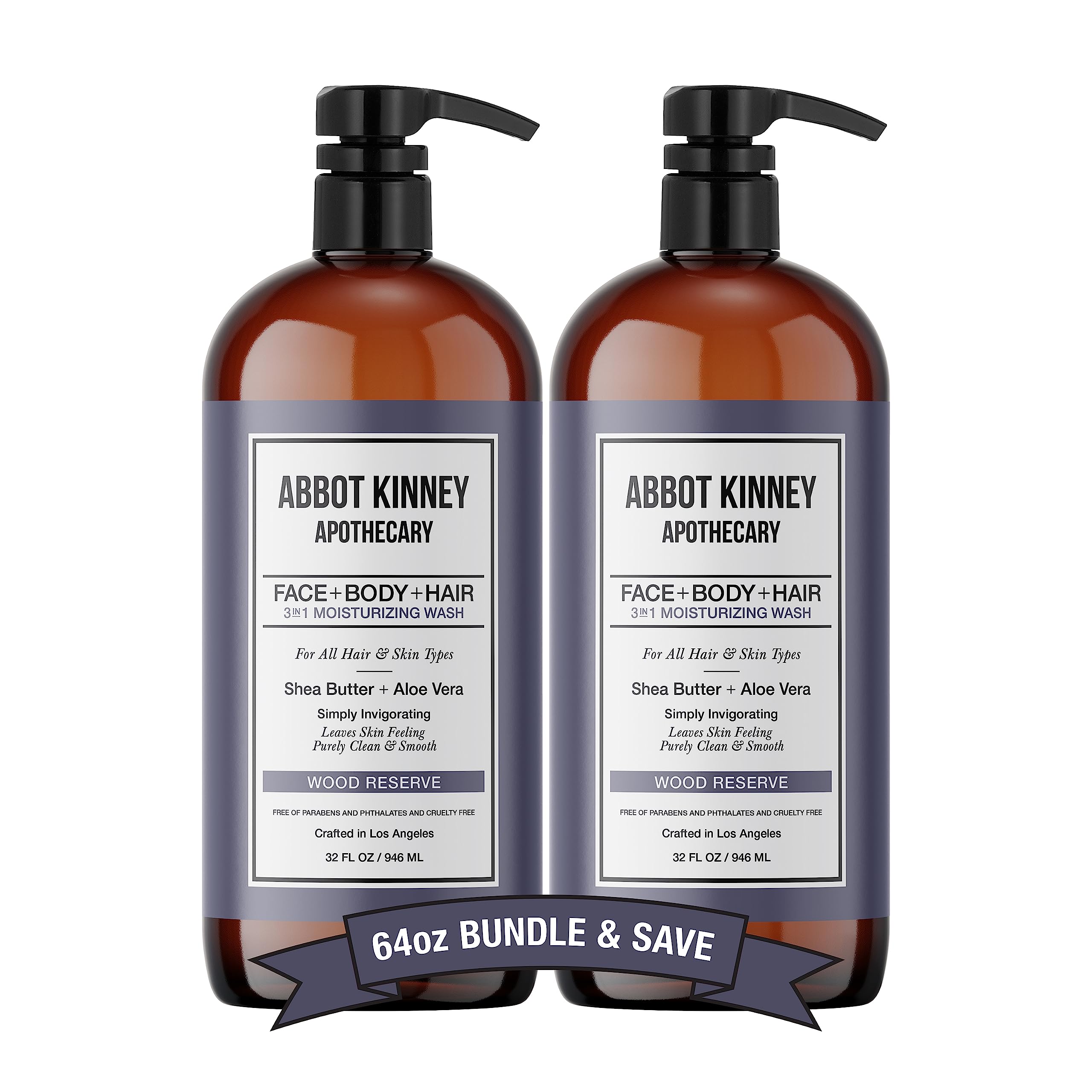 Abbot Kinney Apothecary Men's 3-in-1 Shampoo, Conditioner & Body Wash - Hydrating Formula for All Hair & Skin Types - 32oz Wood Reserve Scent - 2 Pack - Perfect for Gym, Travel & Daily Shower Routine