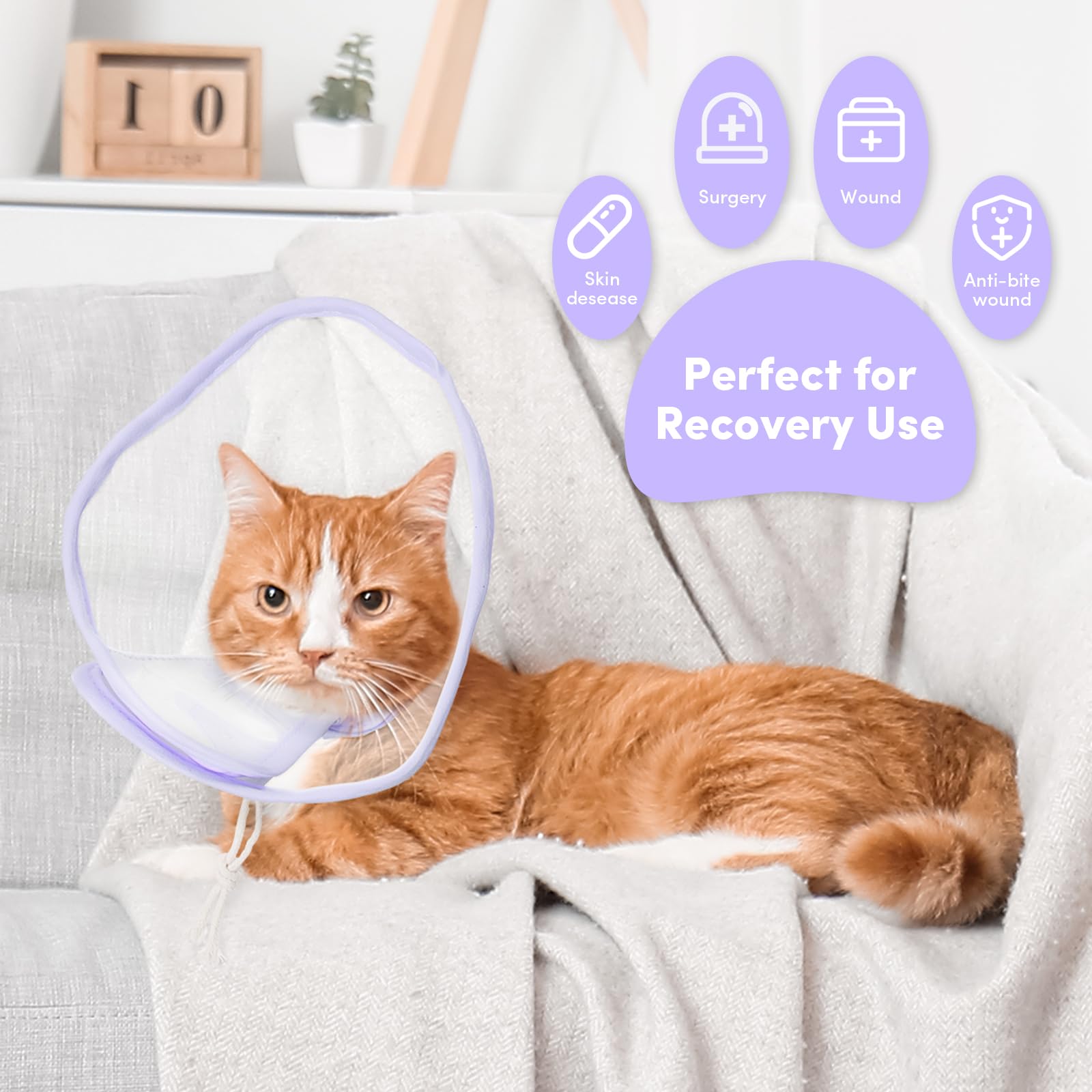 BENCMATE Soft Cat Cone Collar - Low Noise Fasteners, Transparent Pet Recovery Collar for Licking & Scratching Protection - Extra Soft Post-Surgery E-Collar (Purple, Small) | Ideal for Wound Healing After Spay/Neuter Surgery