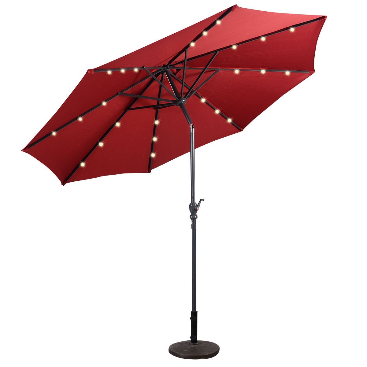 10FT Solar LED Patio Umbrella with Crank & Tilt - Burgundy Outdoor Market Umbrella for Garden, Poolside, and Backyard Relaxation