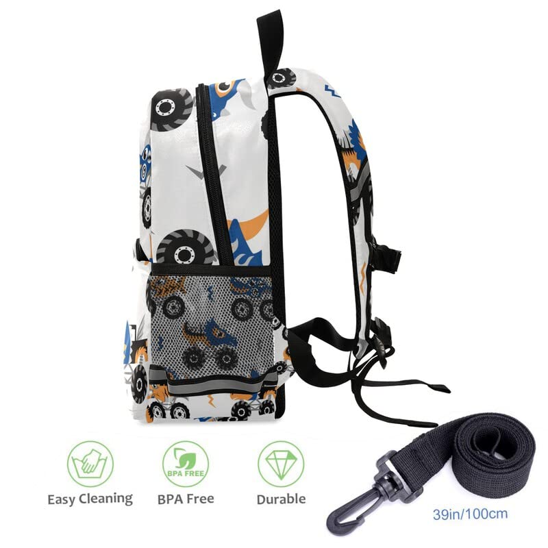 Kids Toddler Backpack with Safety Leash - Cute Animal Monster Trucks Design School Bag for Boys & Girls | Durable Construction Vehicle Themed Kindergarten Backpack for Preschool, Nursery & Travel | Features Chest Clip & Reflective Stripes for Safety | Perfect for School, Daycare & Family Outings