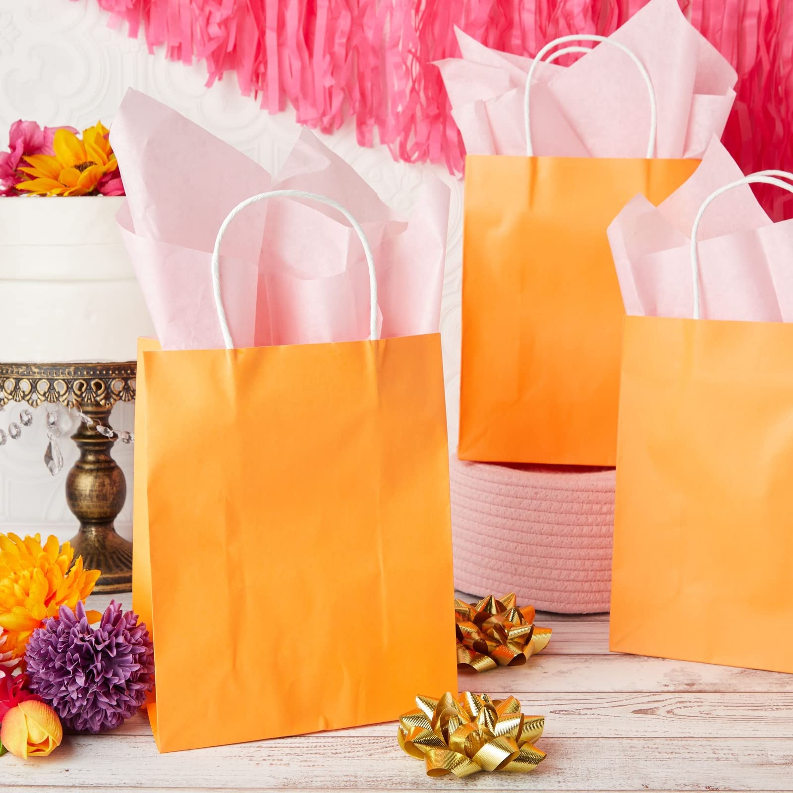 BLUE PANDA 25-Pack Orange Gift Bags with Handles - Medium Size 8x3.9x10 Inch Kraft Paper Bags for Birthday Party Favors, Wedding Favors, Retail Packaging & Holiday Gifts - Perfect for Candy, Small Toys & Party Supplies