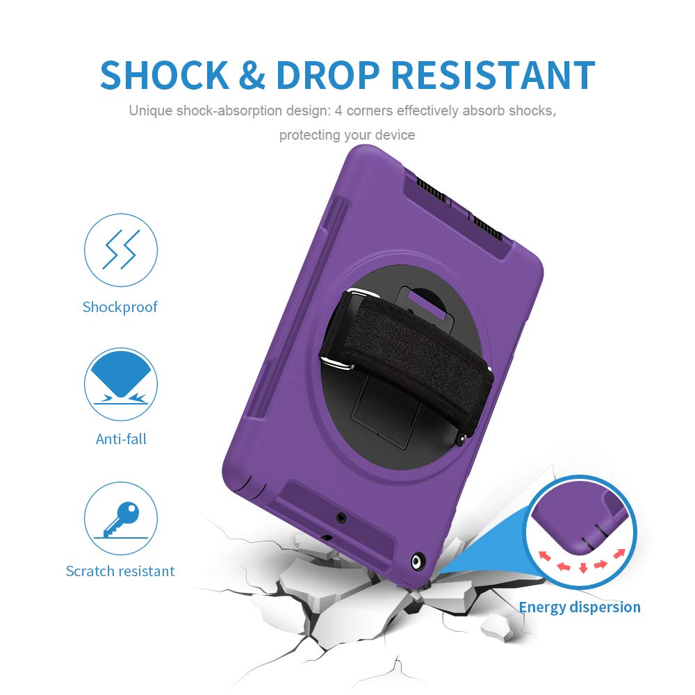 Premium iPad 6th Gen Case (9.7 Inch 2017/2018 Model) with Free Screen Protector - Heavy Duty 3-Layer Rugged Cover, Built-in Hand Strap & Adjustable Shoulder Strap, 360° Rotating Kickstand - Perfect for Outdoor Adventures, Travel & Daily Protection (Purple)