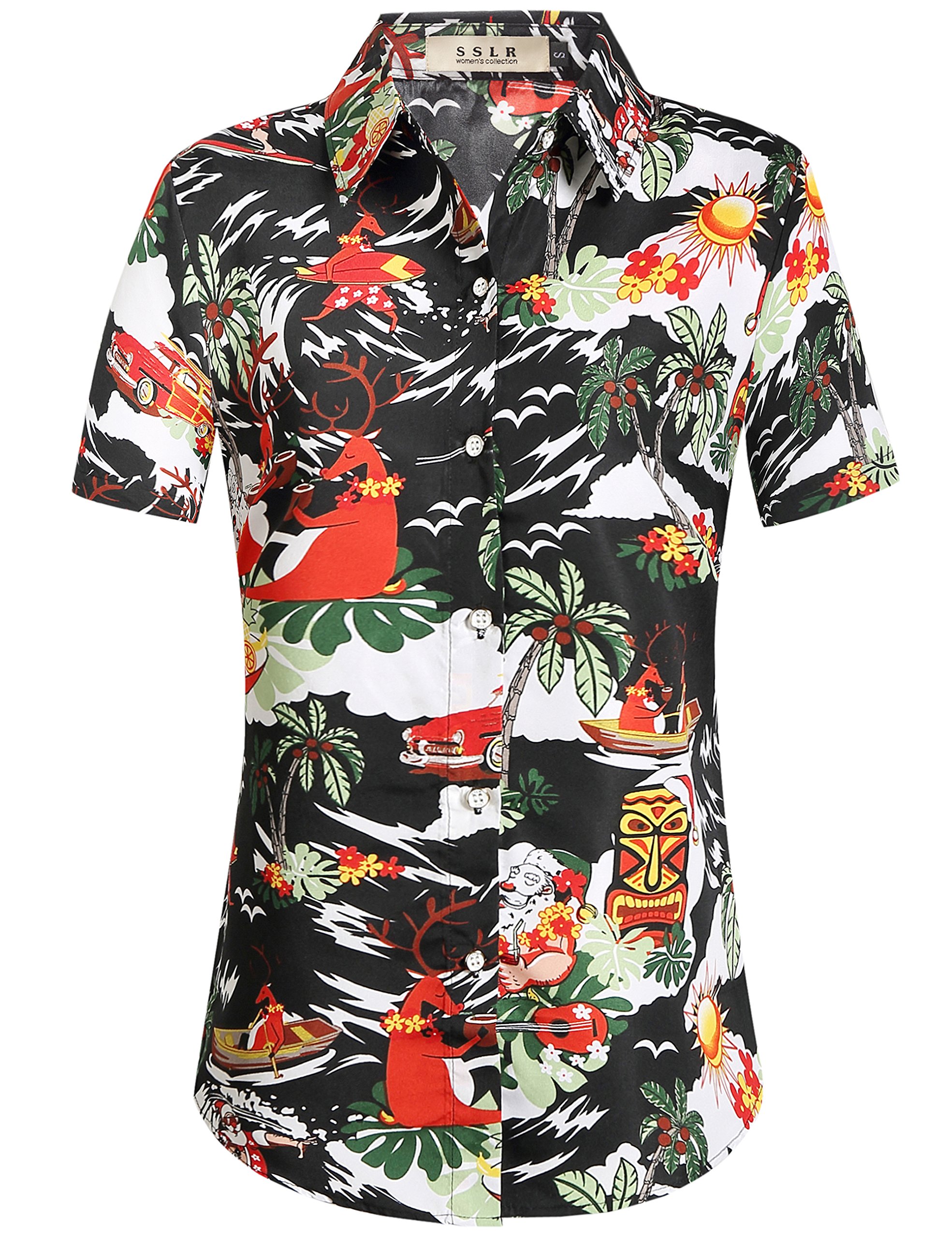 SSLR Women's Santa Claus Print Short Sleeve Button Down Shirt - Casual Hawaiian Christmas Blouse for Holiday Parties & Festive Outfits