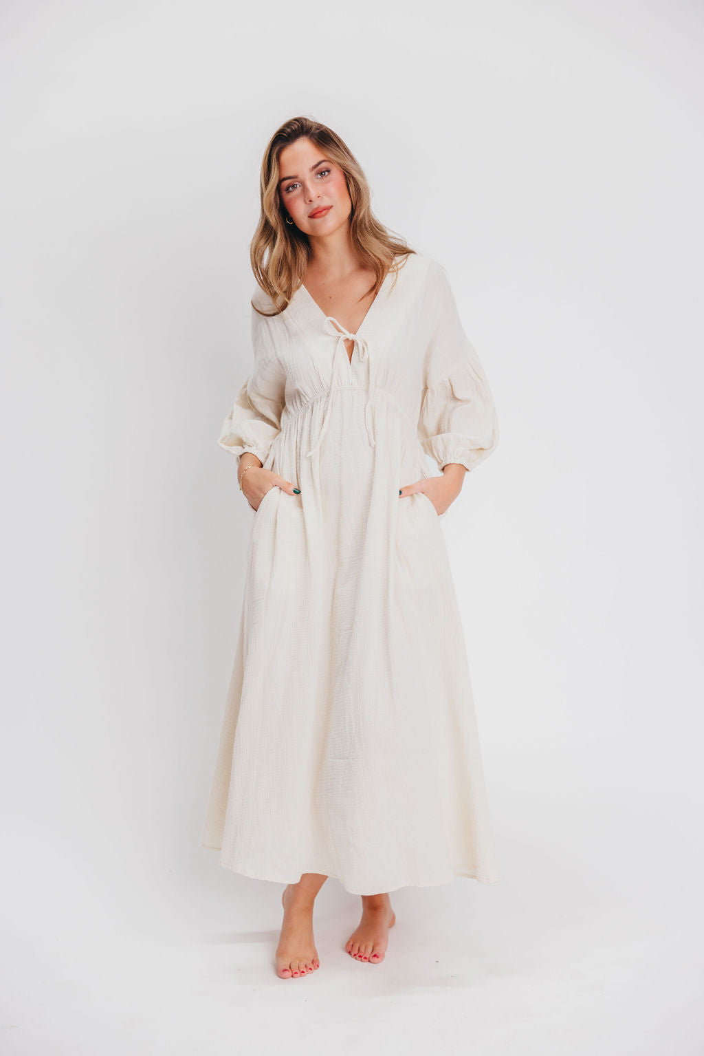 Hunter 100% Cotton Gauze Midi Dress in Soy - Bump Friendly Maternity Dress for Pregnancy, Nursing & Postpartum - Perfect for Summer, Beach & Casual Wear