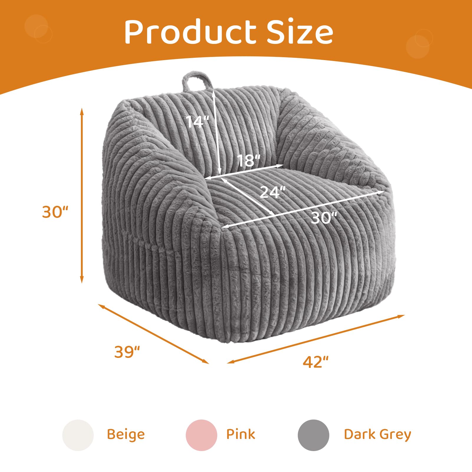 MAXYOYO Bean Bag Chair with Handle & Pocket - Soft Floor Sofa for Living Room, Bedroom, Dorm - Comfortable Grey Lounge Chair for Relaxing, Reading & Gaming