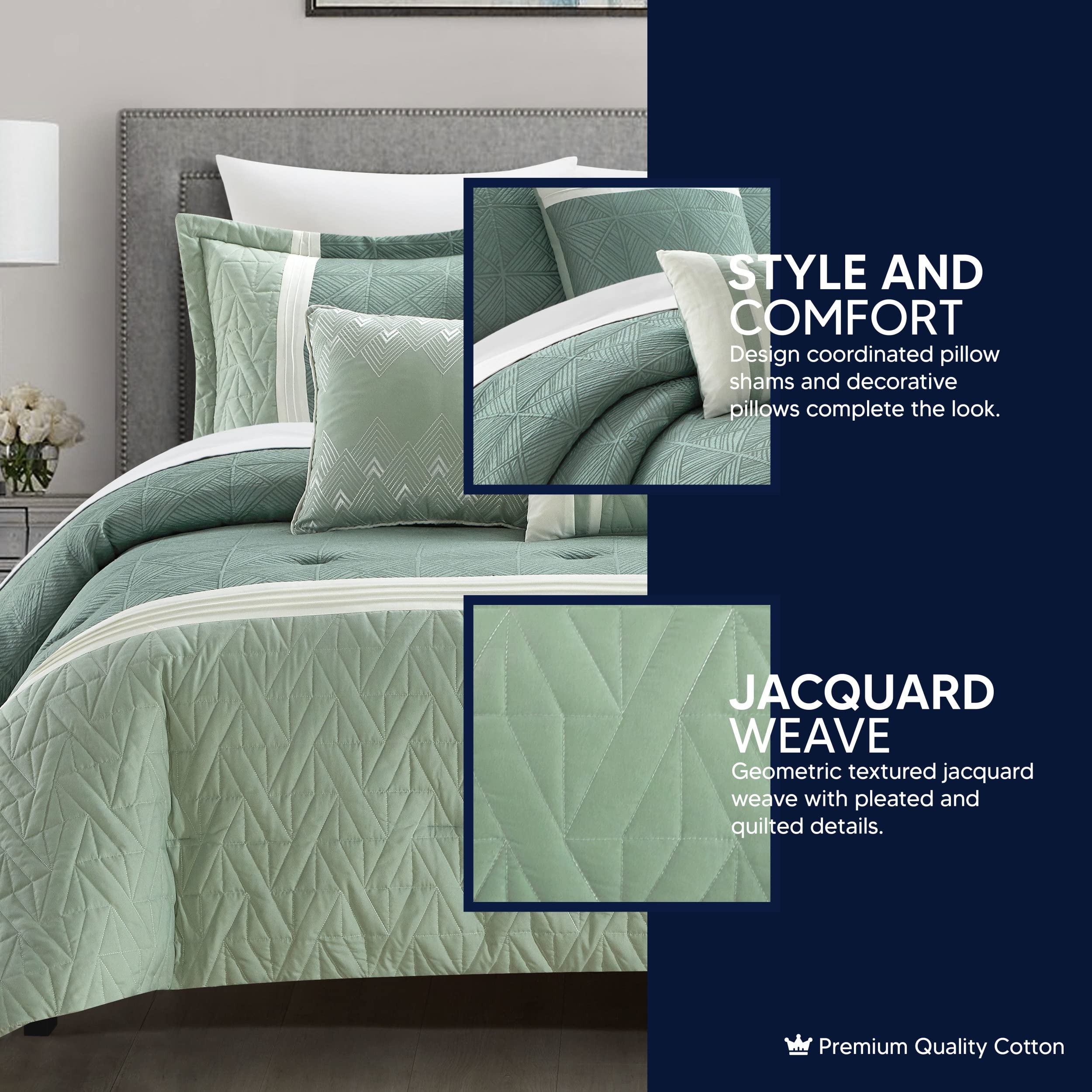Chic Home Macie 6-Piece Queen Comforter Set - Jacquard Woven Geometric Design with Pleated Quilted Details, Includes Decorative Pillows & Shams, Green | Perfect for Modern Bedroom Decor & Guest Room Styling