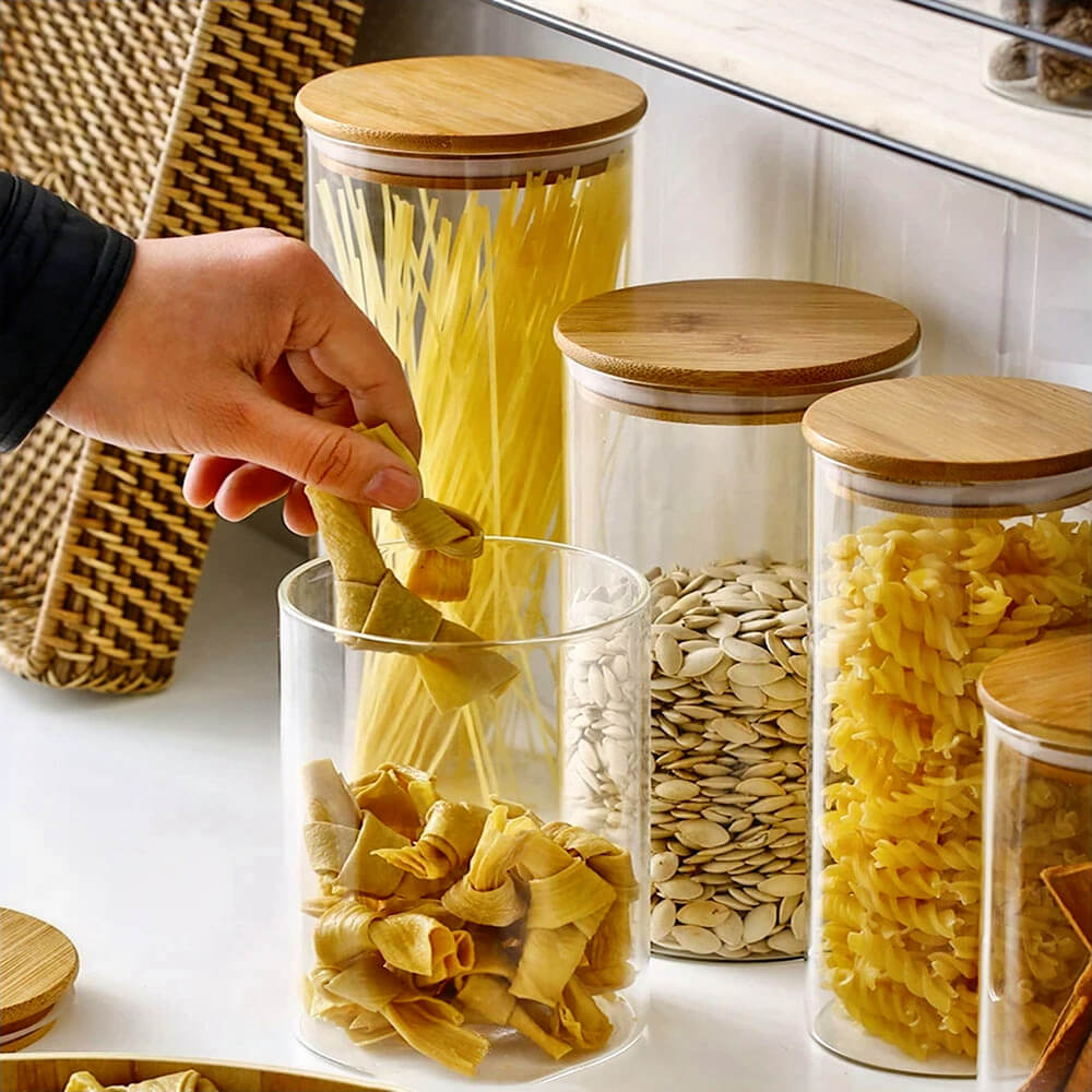 Premium Hector Bamboo & Glass Storage Jars - Eco-Friendly Kitchen Organizers for Spices, Tea, Coffee & Dry Goods | Perfect for Pantry, Countertop & Gift Giving
