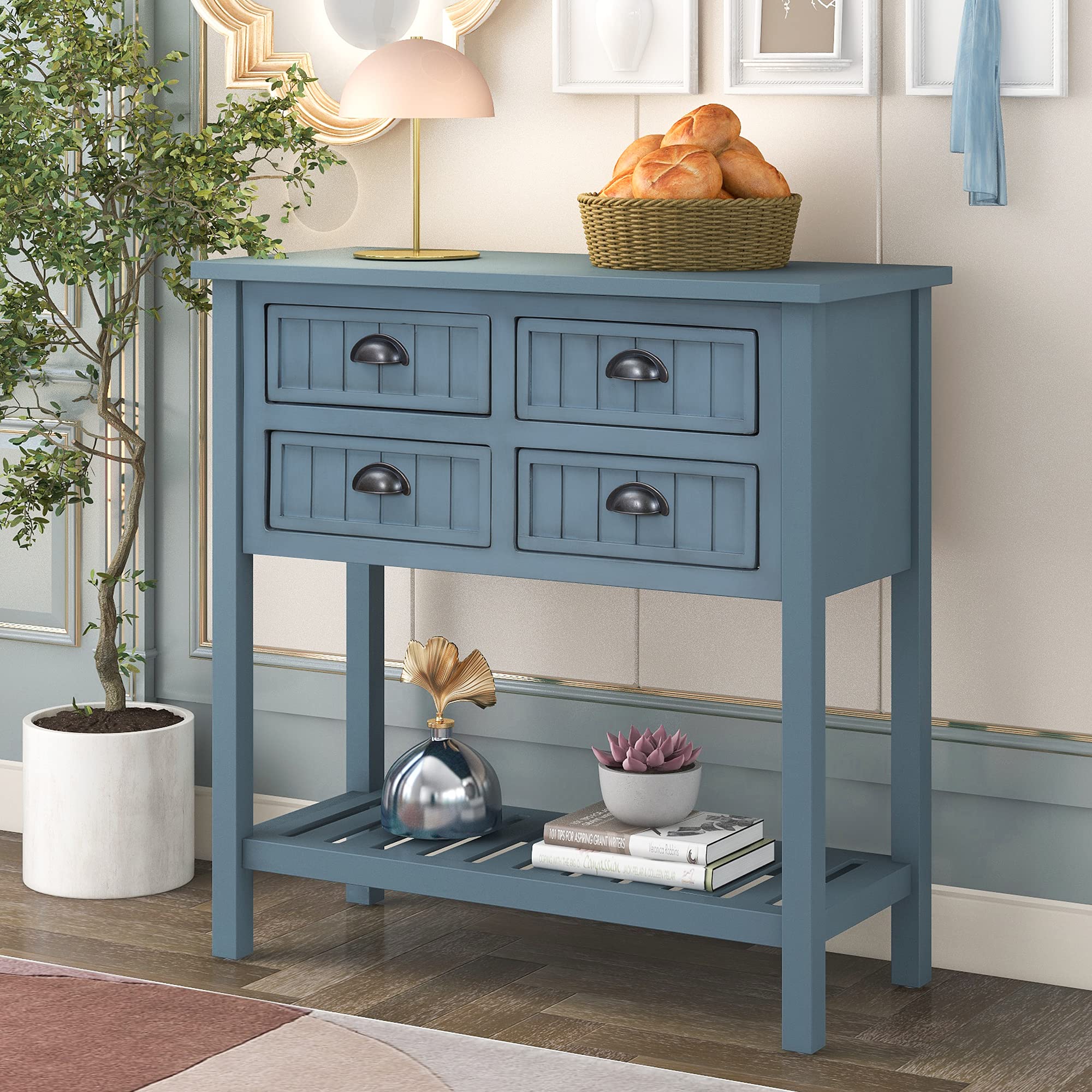 Narrow Console Table with Storage - Baysitone Sofa Table with 4 Drawers & Bottom Shelf, Rustic Wood Entryway Table for Living Room, Hallway & Foyer - Easy Assembly (Bright Navy) - Perfect for Small Spaces, Home Decor & Organizing Keys, Mail & Decor Items