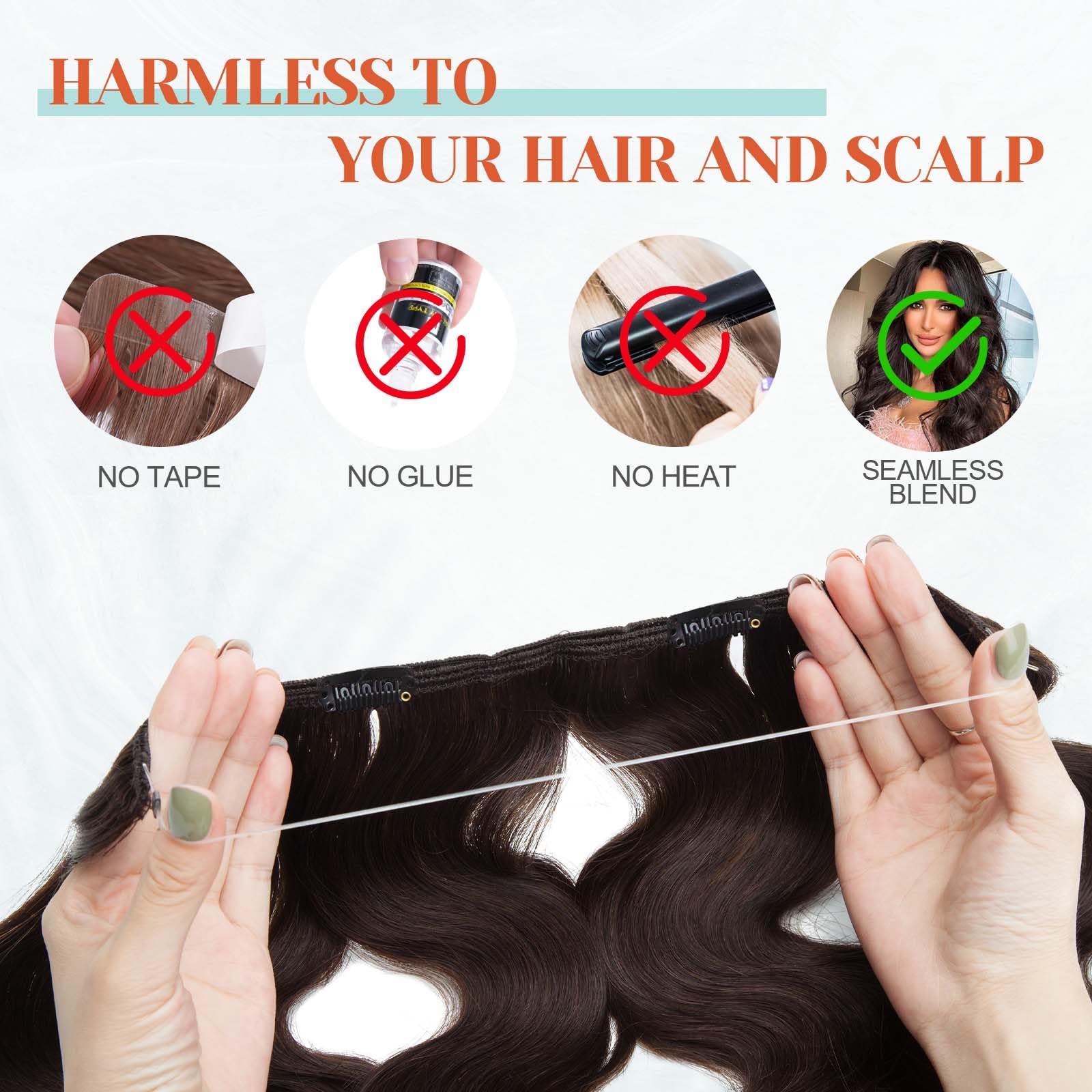 Benehair 100% Real Human Hair Halo Extensions - 18 Inch Dark Brown Wavy & Curly Wire Hair Extensions (65g) | Perfect for Weddings, Parties & Daily Styling
