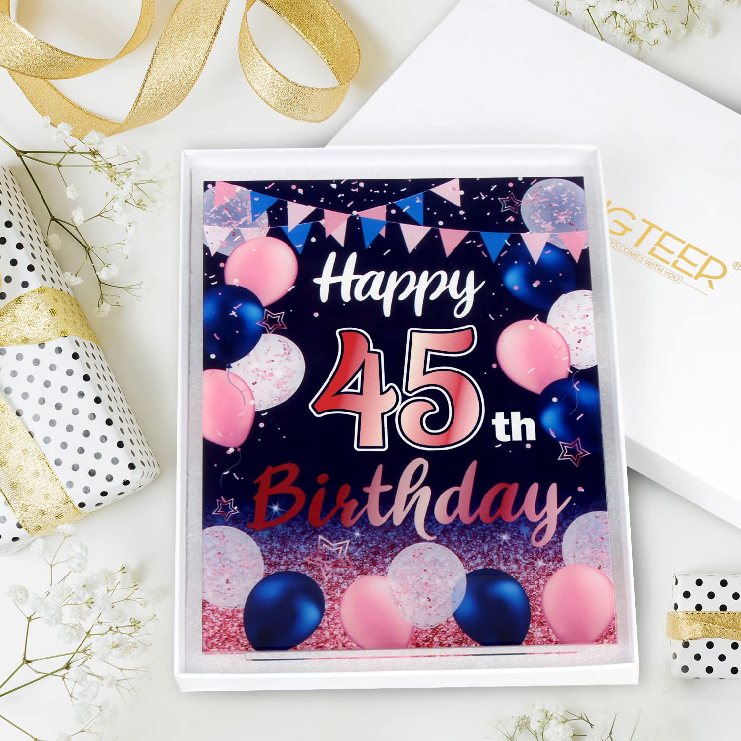 Happy 45th Birthday Party Decorations Set - 2 Navy Blue Acrylic Table Toppers with Balloon Stand & Printed Poster Backdrop for Birthday Centerpieces - Perfect for Anniversary Celebrations, Office Parties & Home Decor