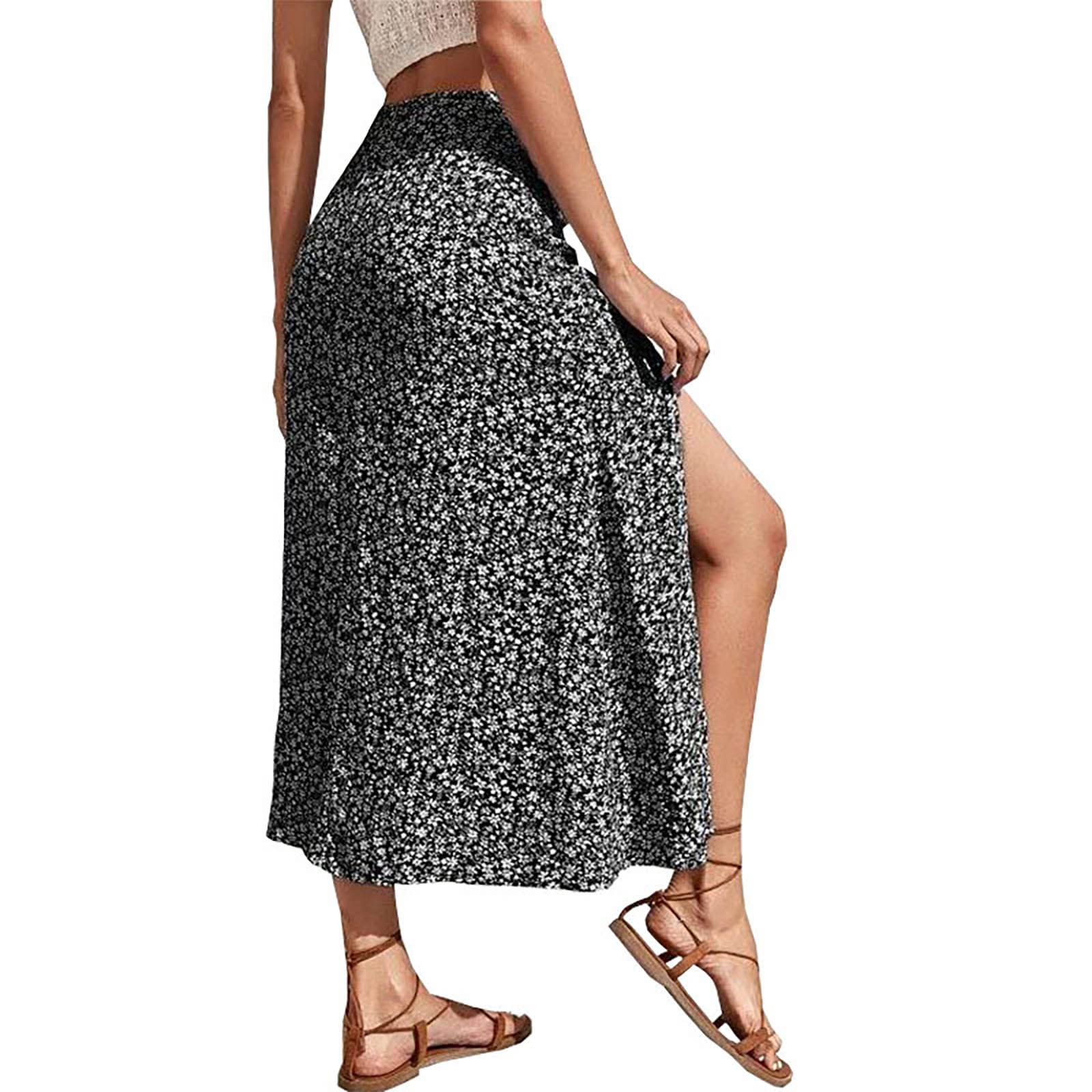 Women's Floral Print High Waist Midi Skirt with Side Slit - A-Line Swing Summer Skirt for Beach, Vacation & Casual Wear