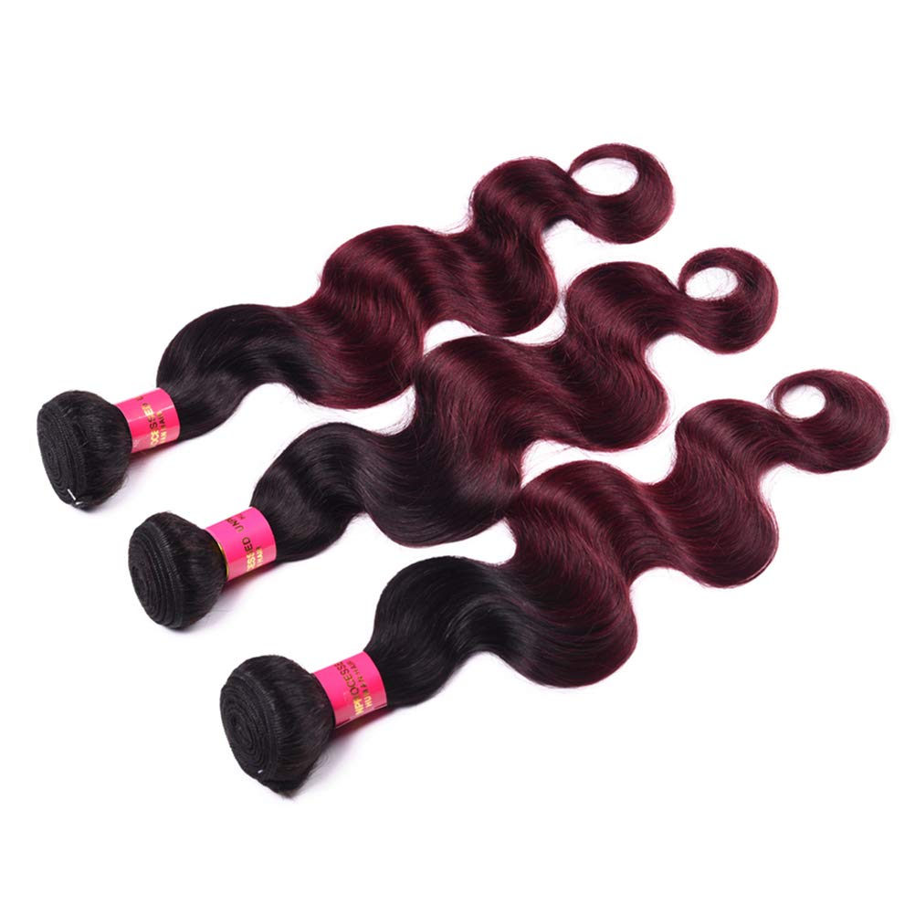 Brazilian Ombre Burgundy Human Hair Bundles 8A Body Wave Weaves - 1B/99J Ombre Red Hair Extensions (18, 20, 22 Inch) for Stunning Length & Volume | Perfect for Parties, Weddings & Everyday Glam
