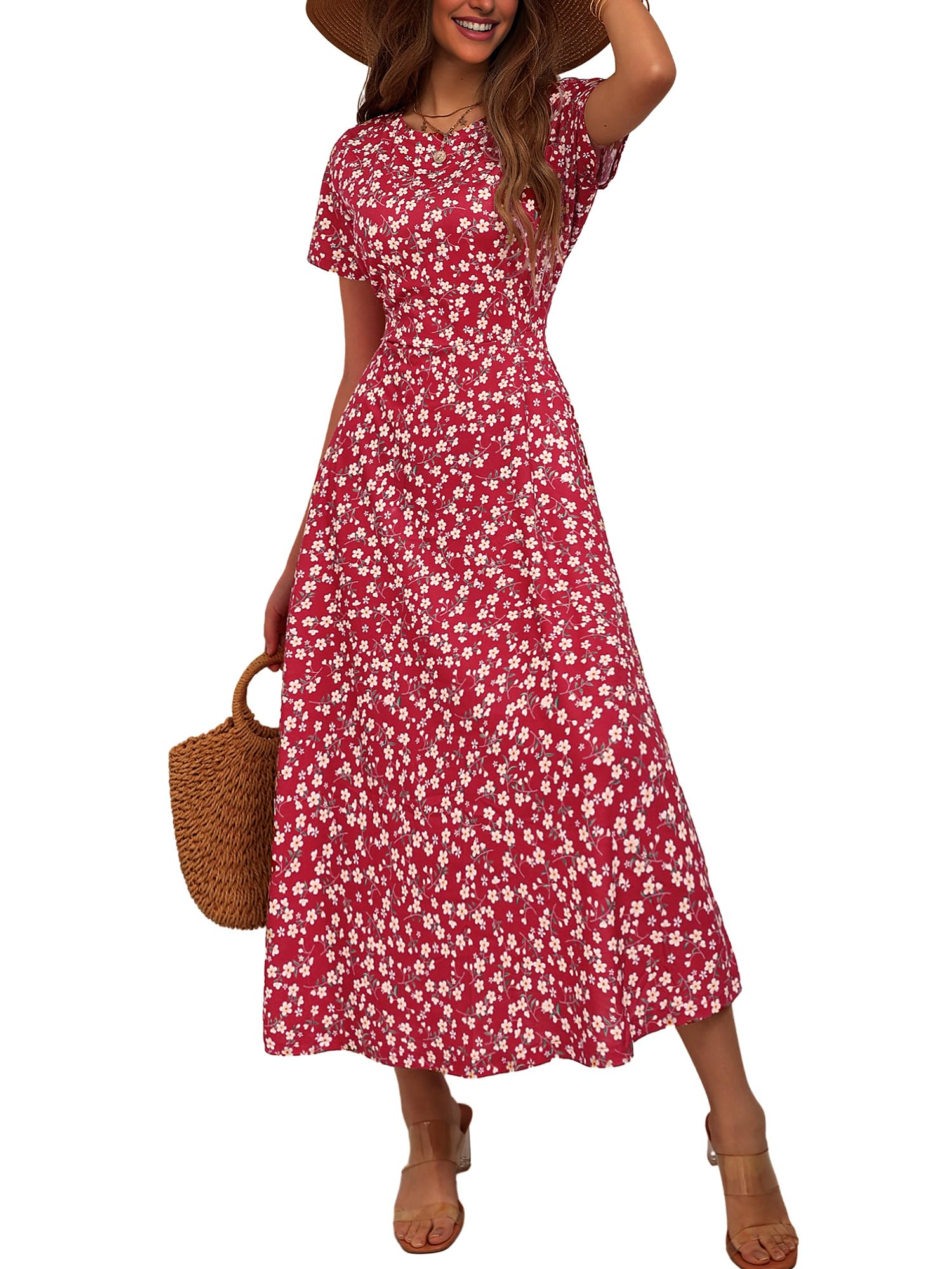 ZABERRY Women's Flowy Maxi Dress with Pockets - Short Sleeve Round Neck Casual Summer Spring Dress 2024 | Beach Vacation, Date Night, Outdoor Party Wear