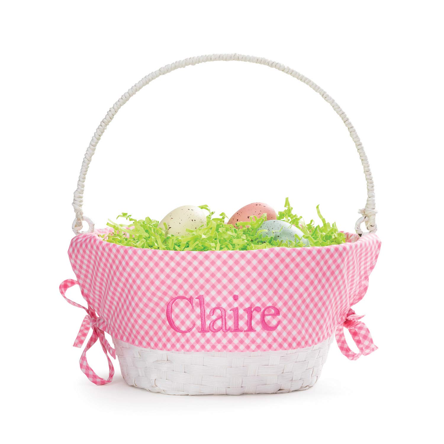 Personalized Easter Basket with Handle - Custom Name Pink Gingham Liner & White Woven Design | Easter Egg Basket for Kids & Adults | Perfect Easter Gift for Egg Hunts, Church Events & Spring Celebrations