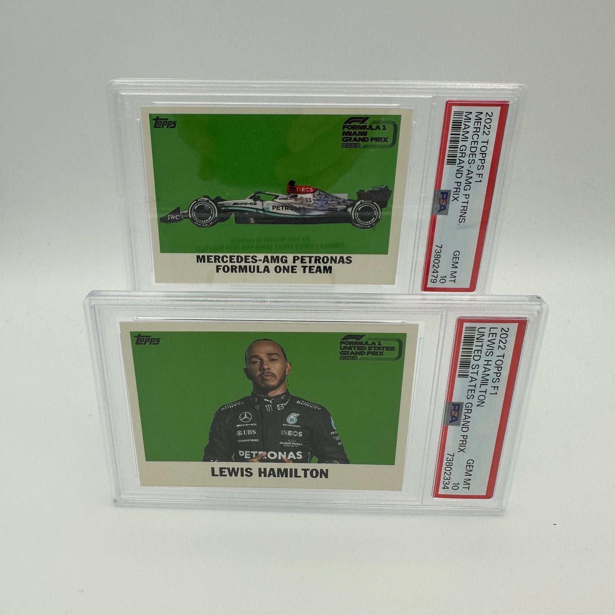 PSA 10 Graded Lewis Hamilton & Mercedes US & Miami Grand Prix 2-Card Set - Perfect for F1 Collectors, Racing Fans, and Sports Memorabilia Enthusiasts