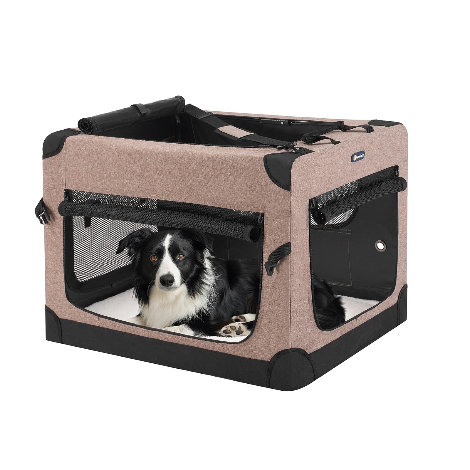 Veehoo 30 Inch Folding Soft Dog Crate - 4-Door Portable Collapsible Pet Kennel for Medium Dogs | 600D Oxford Fabric with 5 Durable Mesh Screens | Indoor & Outdoor Use for Travel, Camping, Home, and Car | Brown (CWB2428CP)
