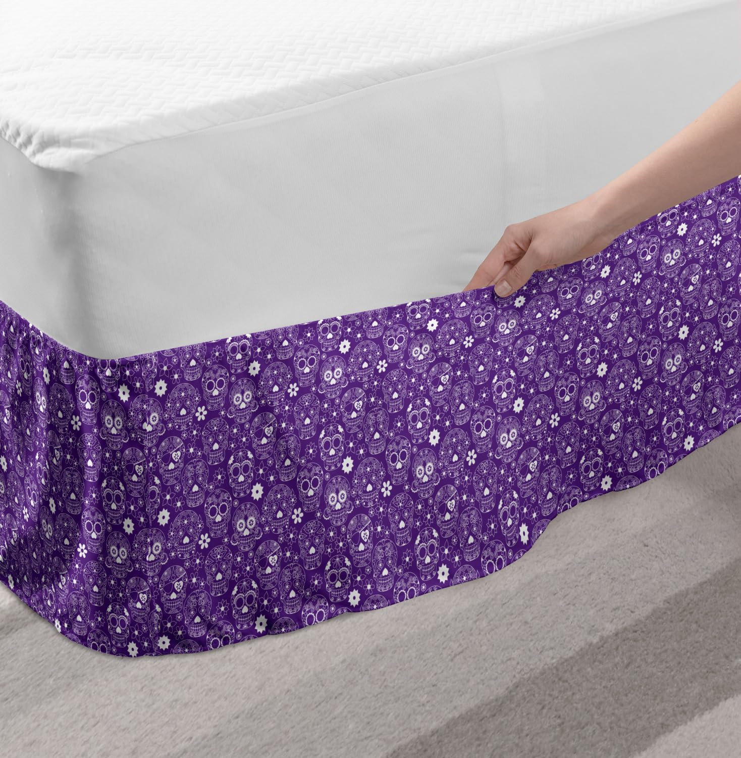 Ambesonne Day of The Dead Bed Skirt - Elastic Wrap Around Dust Ruffle with Floral Sugar Skull Design for King Size Beds, Violet & White - Perfect for Halloween Decor & Spooky Themed Bedrooms