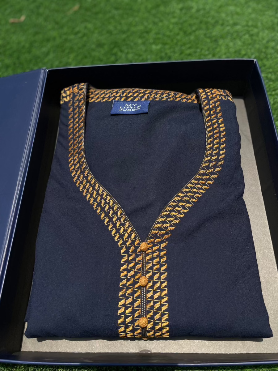 Men's Navy Blue with Orange Embroidery Islamic Thobe 3/4 Sleeve - Traditional Moroccan Kaftan for Eid, Prayer & Special Occasions