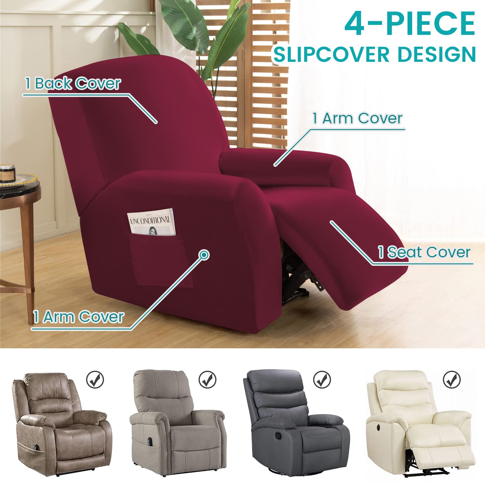 MIFXIN 4-Piece Velvet Stretch Recliner Cover - Soft Thick Elastic Slipcover for 1-Seat Reclining Sofa & Chair, Washable Anti-Slip Furniture Protector for Living Room, Home Theater (Red) - Perfect for Homes with Kids & Pets