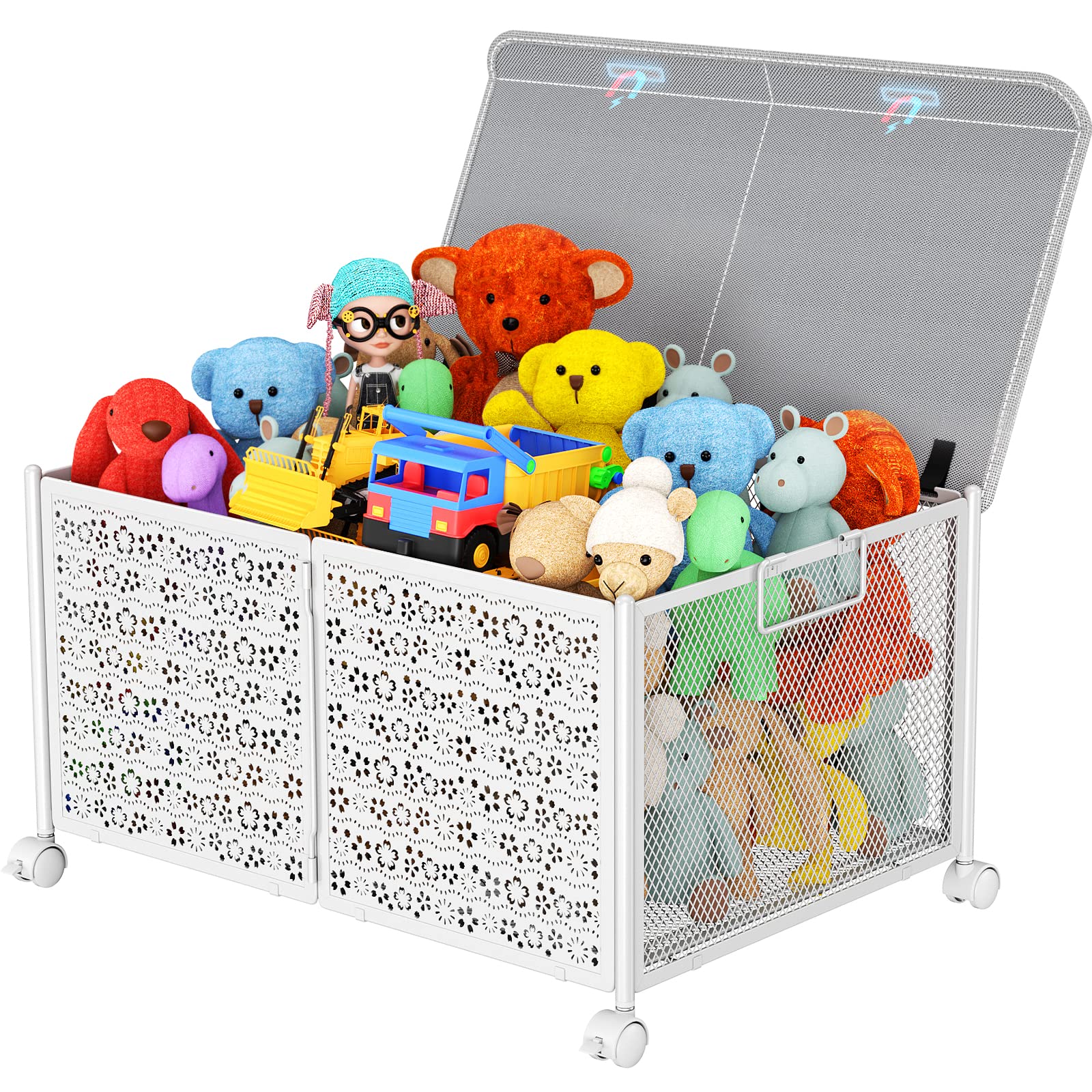 PHINOX 70L Large Toy Storage Box with Wheels - Collapsible Metal Toy Organizer for Kids, Boys & Girls - Durable Toy Chest for Nursery, Playroom & Bedroom - Perfect for Organizing Toys, Books & Games (White)