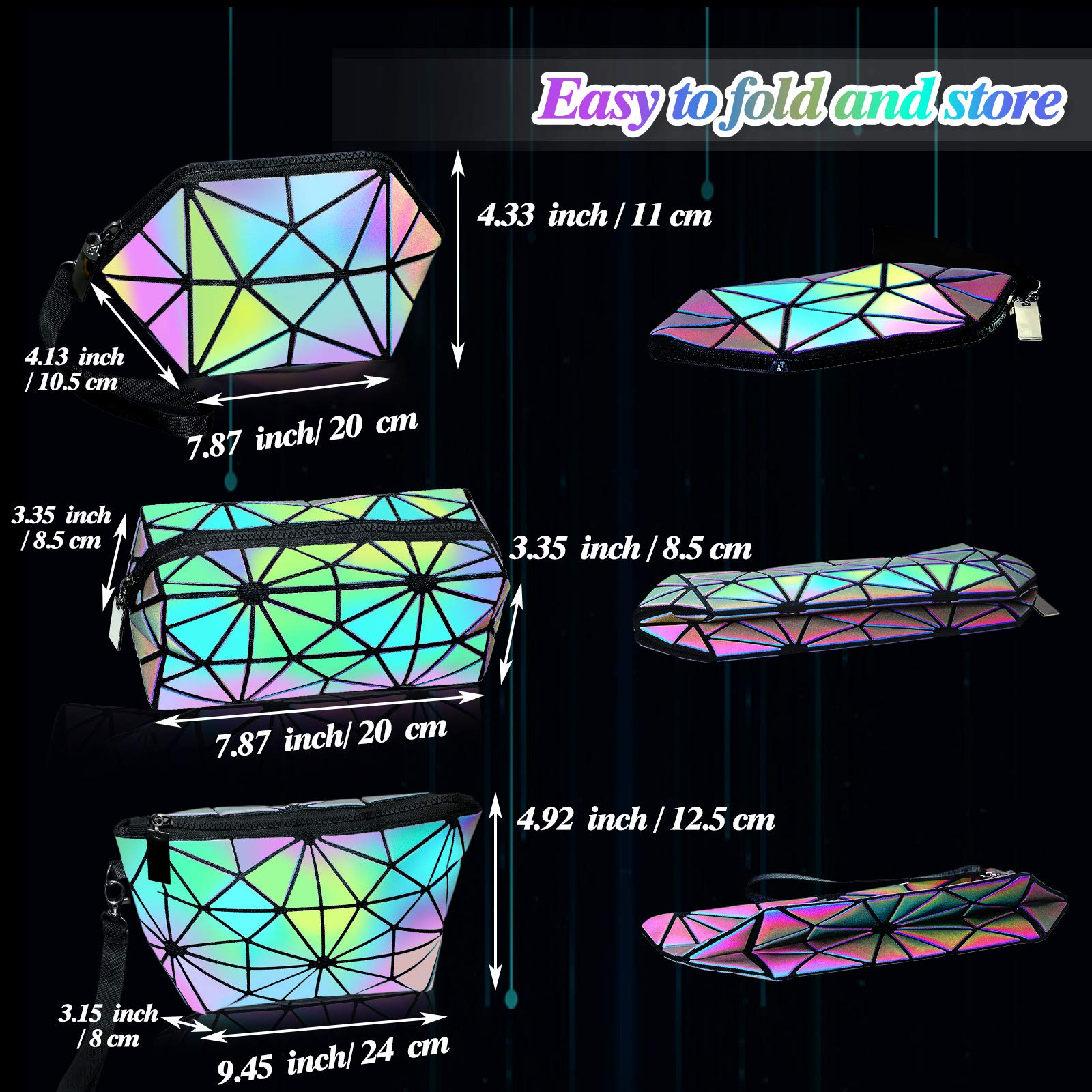 WeeWooday 3-Piece Travel Makeup Bag Set for Women - Waterproof Cosmetic Organizer with Wrist Strap, Holographic Luminous Design - Perfect for Travel, Gym & Daily Use