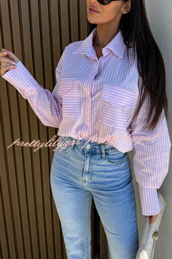 Stylish Stripe Print Lapel Long Sleeve Pocket Casual Shirt for Men - Perfect for Office, Business Meetings & Smart Casual Outfits