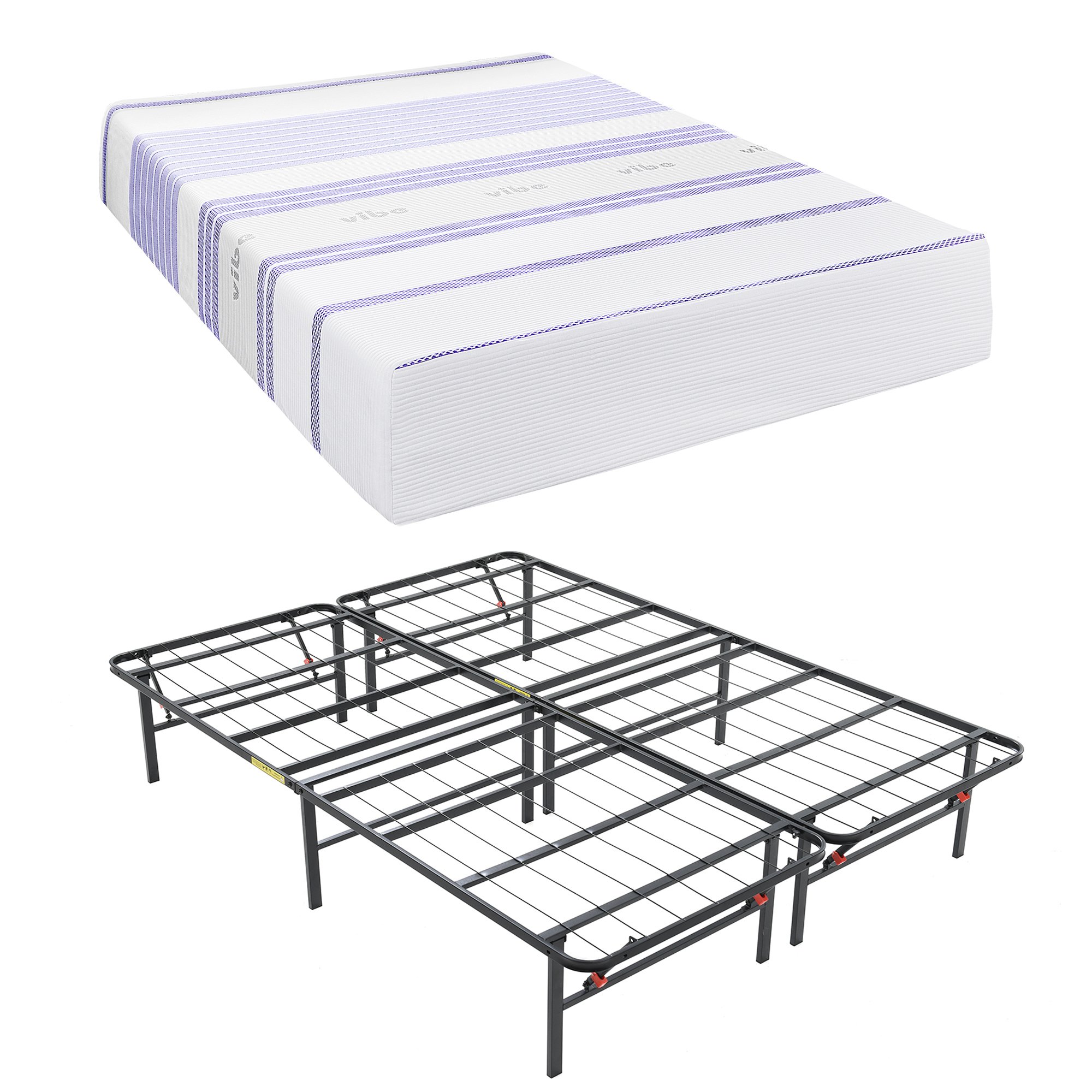 Classic Brands Vibe 12-Inch Gel Memory Foam Mattress with Hercules Heavy-Duty 14-Inch Platform Metal Bed Frame, Queen Size - Perfect for Back Pain Relief & Guest Room Setup