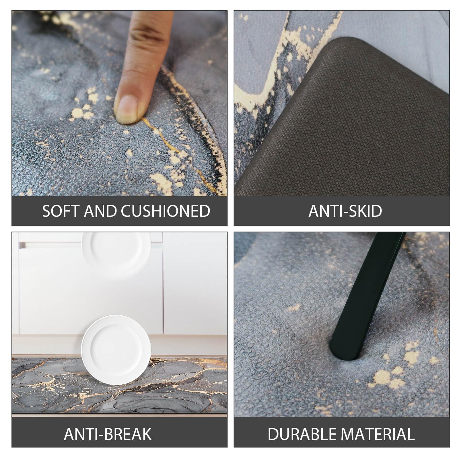 Premium Anti-Fatigue Kitchen Mat Set of 2 - Non-Slip Waterproof Memory Foam Floor Mats for Kitchen & Laundry Room (Grey with Gold Trim) - Comfortable Cushioning for Standing, Cooking & Cleaning
