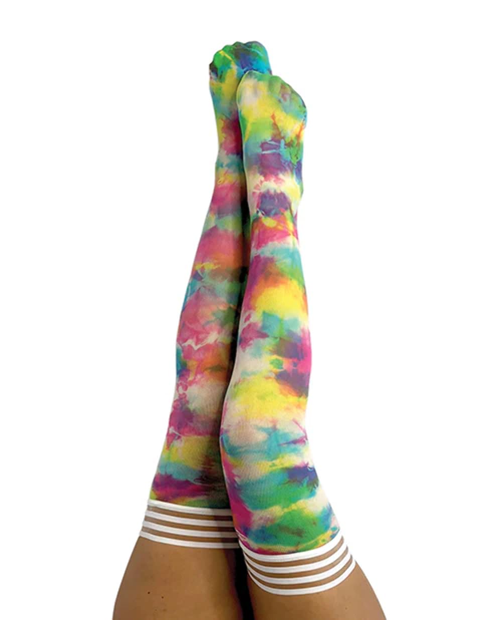 Kix'ies Thigh High Stockings for Women - No Slip Grip Stay Up Thigh Bands, Sexy Lingerie & Hosiery (Gilly Multi Color Tie Dye |1333D) - Perfect for Date Nights, Cosplay, and Everyday Wear