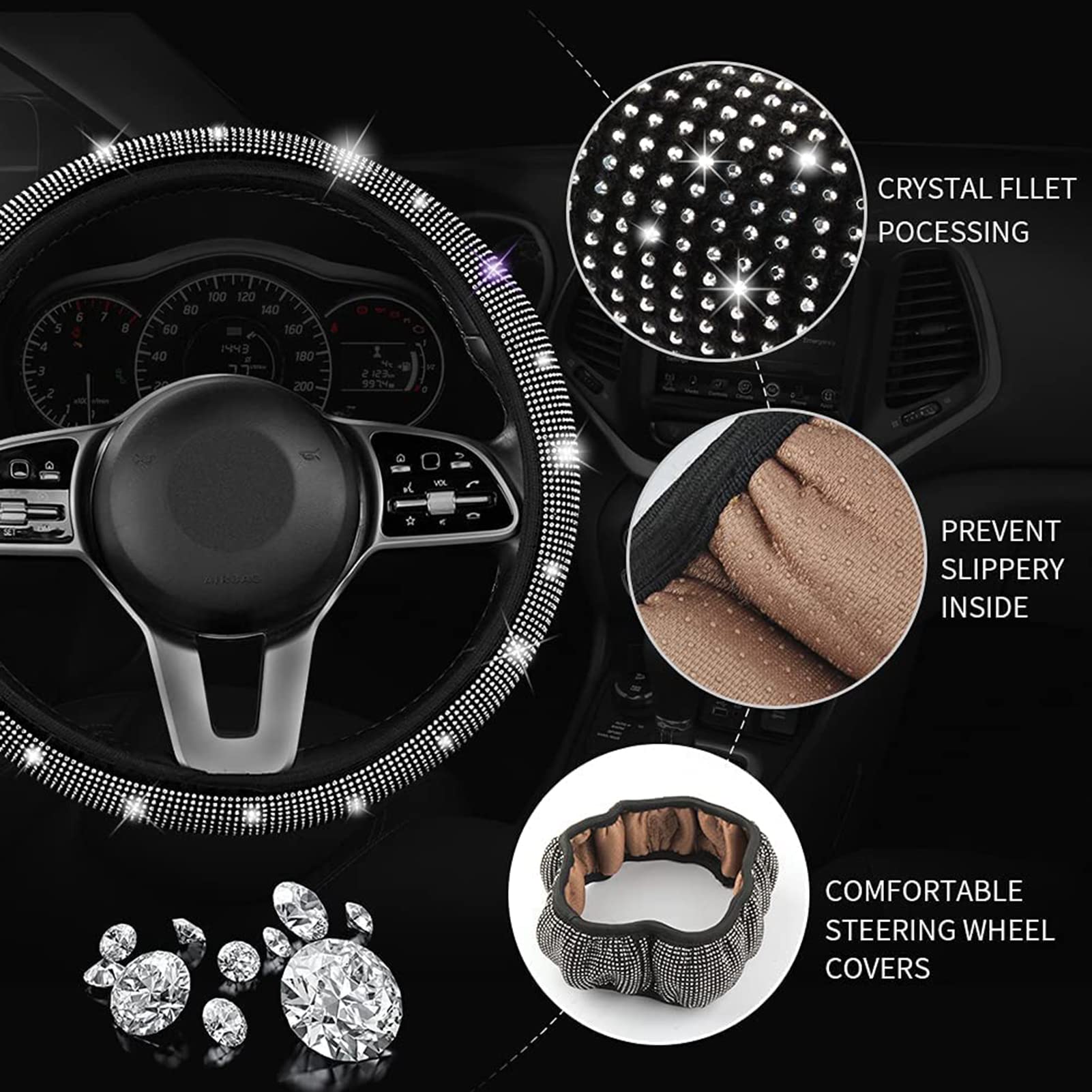 8 Pack Bling Steering Wheel Cover for Women - Universal Diamond Car Accessories Set with Keyring, Coaster, Crystal Emblem Stickers & Seat Hook | Sparkling Car Decor for Girls | Perfect for Daily Commute & Road Trips (White)