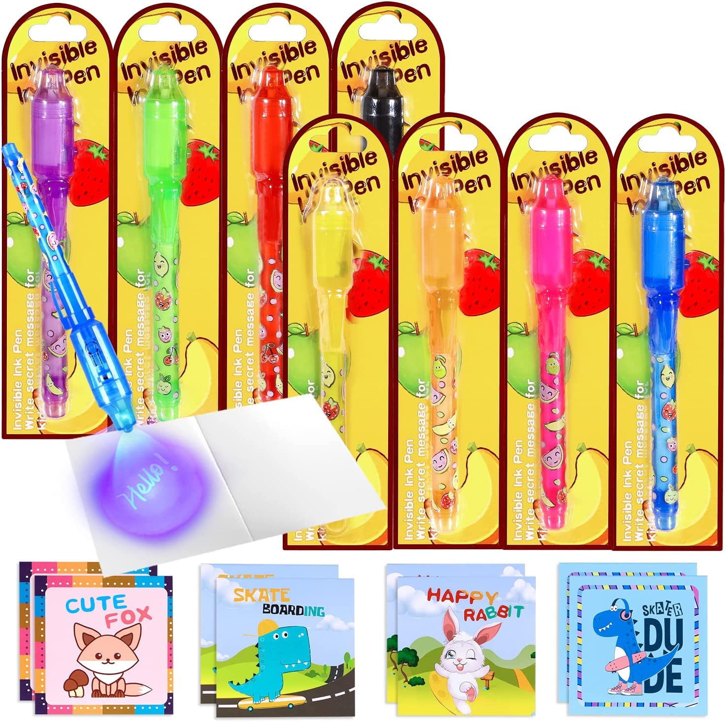 Invisible Ink Pen Set for Kids - 8 Magic Secret Message Markers with UV Light, Fun Party Favors & Creative Writing Toys for Boys & Girls Ages 6-12 - Perfect for Birthday Gifts, Spy Games & Outdoor Adventures (GM-8PENDAIBEN)