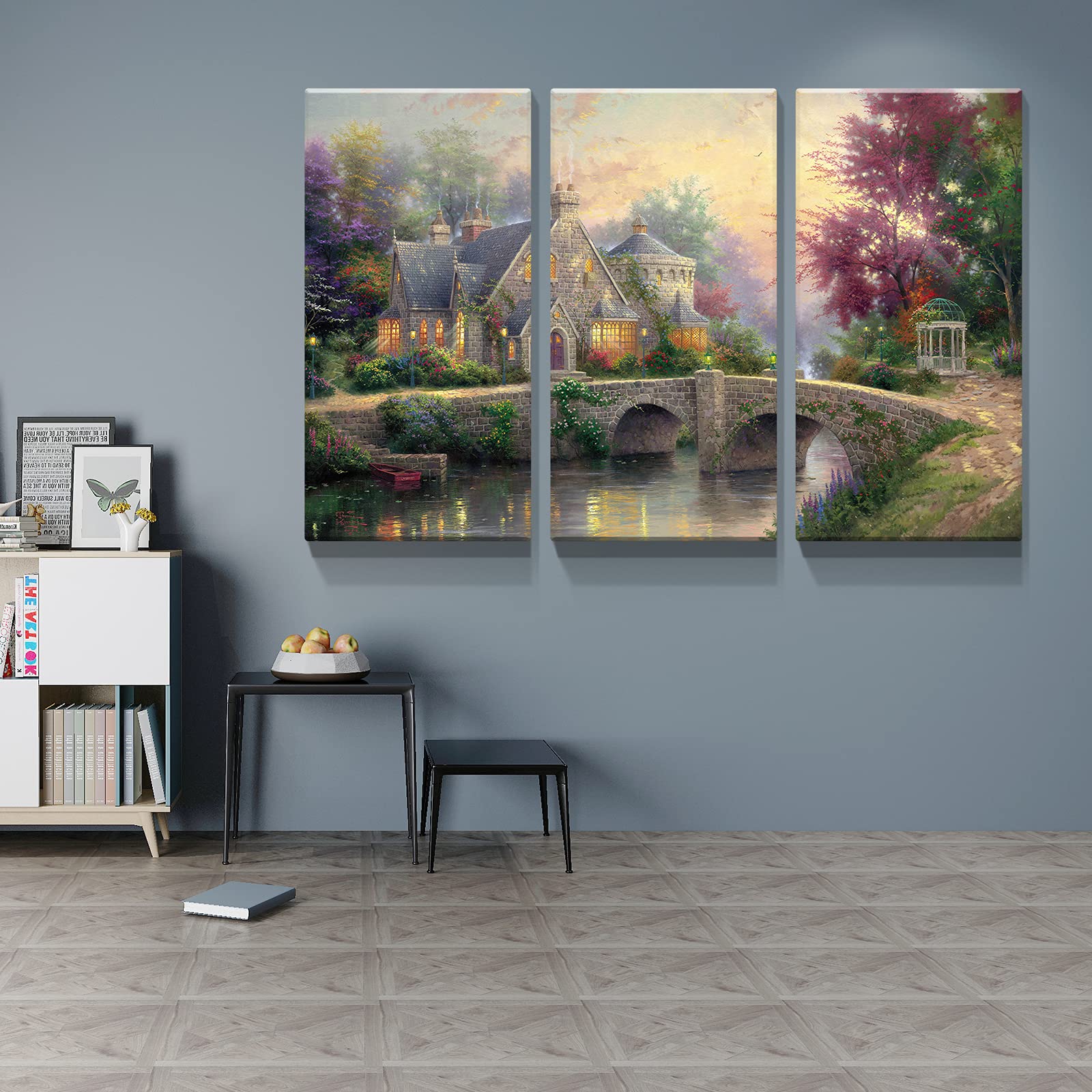 Denozer - 3 Panels Thomas Kinkade Garden Landscape Oil Painting Canvas Wall Art - Stretched & Framed Ready to Hang - 20