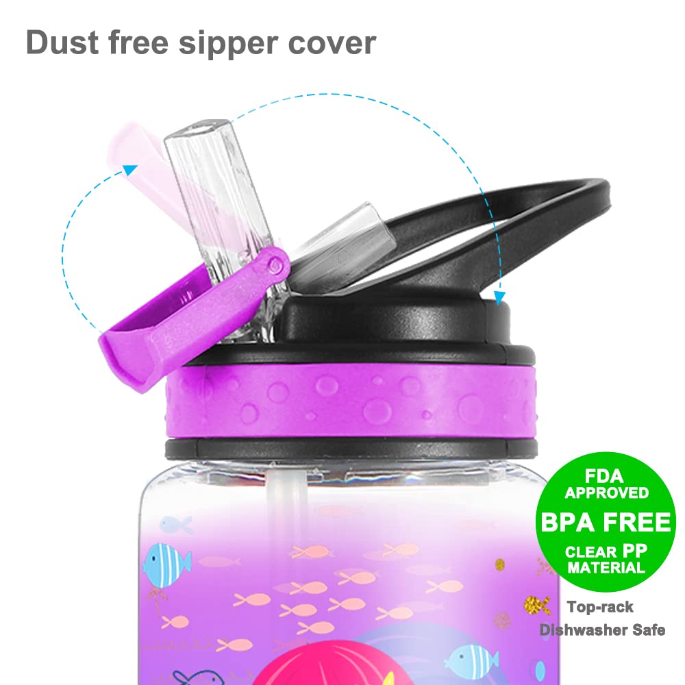 Cute BPA-Free Water Bottle for Kids - 15oz Mermaid Design, Leak Proof Flip Straw, Carry Loop & Easy Clean - Perfect for School, Travel & Outdoor Activities