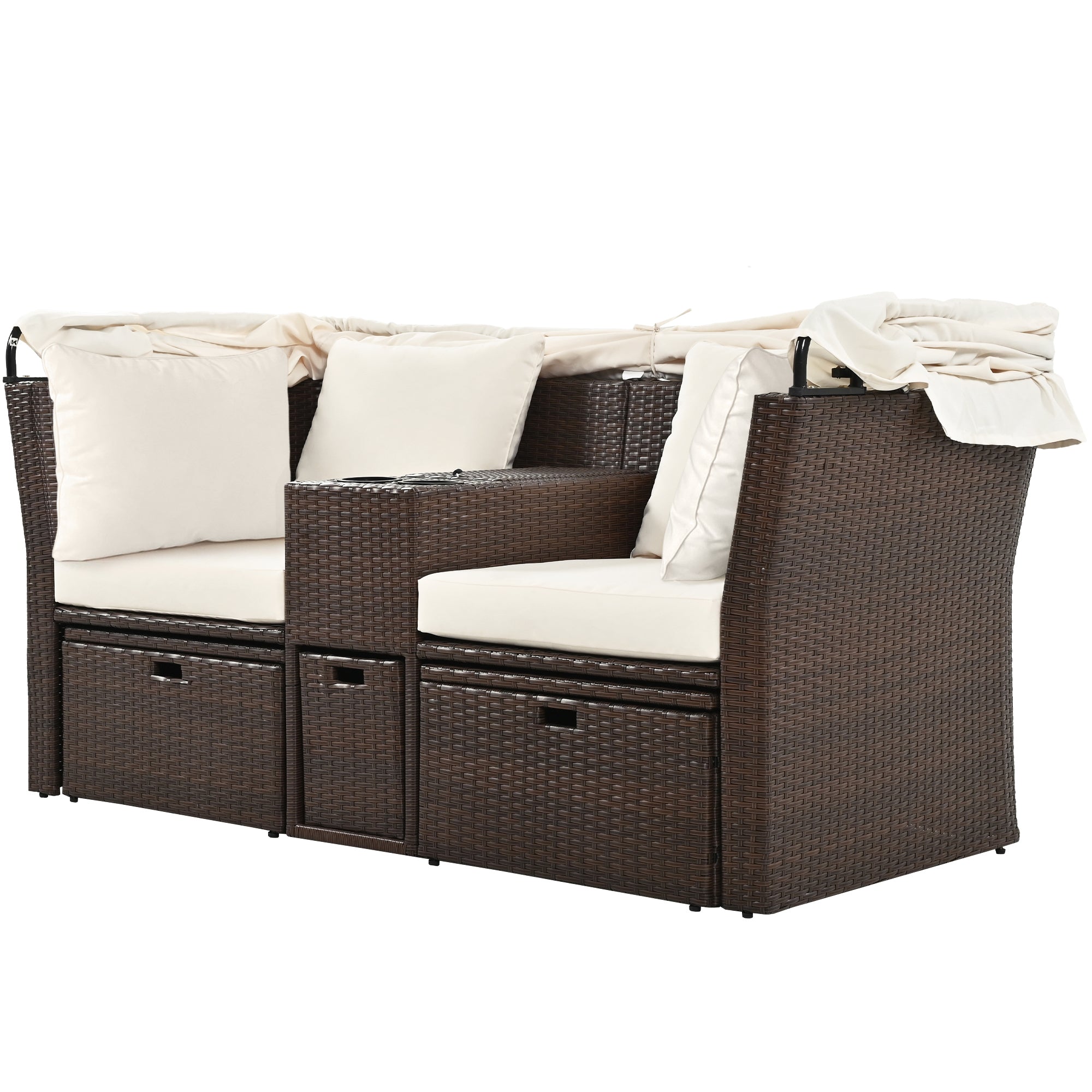 2 Seater Outdoor Patio Daybed with Foldable Awning & Cushions - Double Loveseat Sofa Set for Garden, Balcony, Poolside - Perfect for Relaxing, Sunbathing & Outdoor Lounging (Beige)