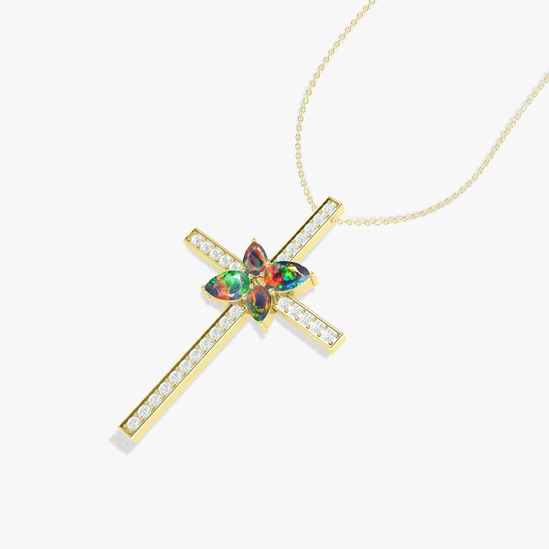 Elegant Cross Style Chain Pendant Necklace with Natural Black Opal - Perfect for Gifts, Weddings & Everyday Jewelry