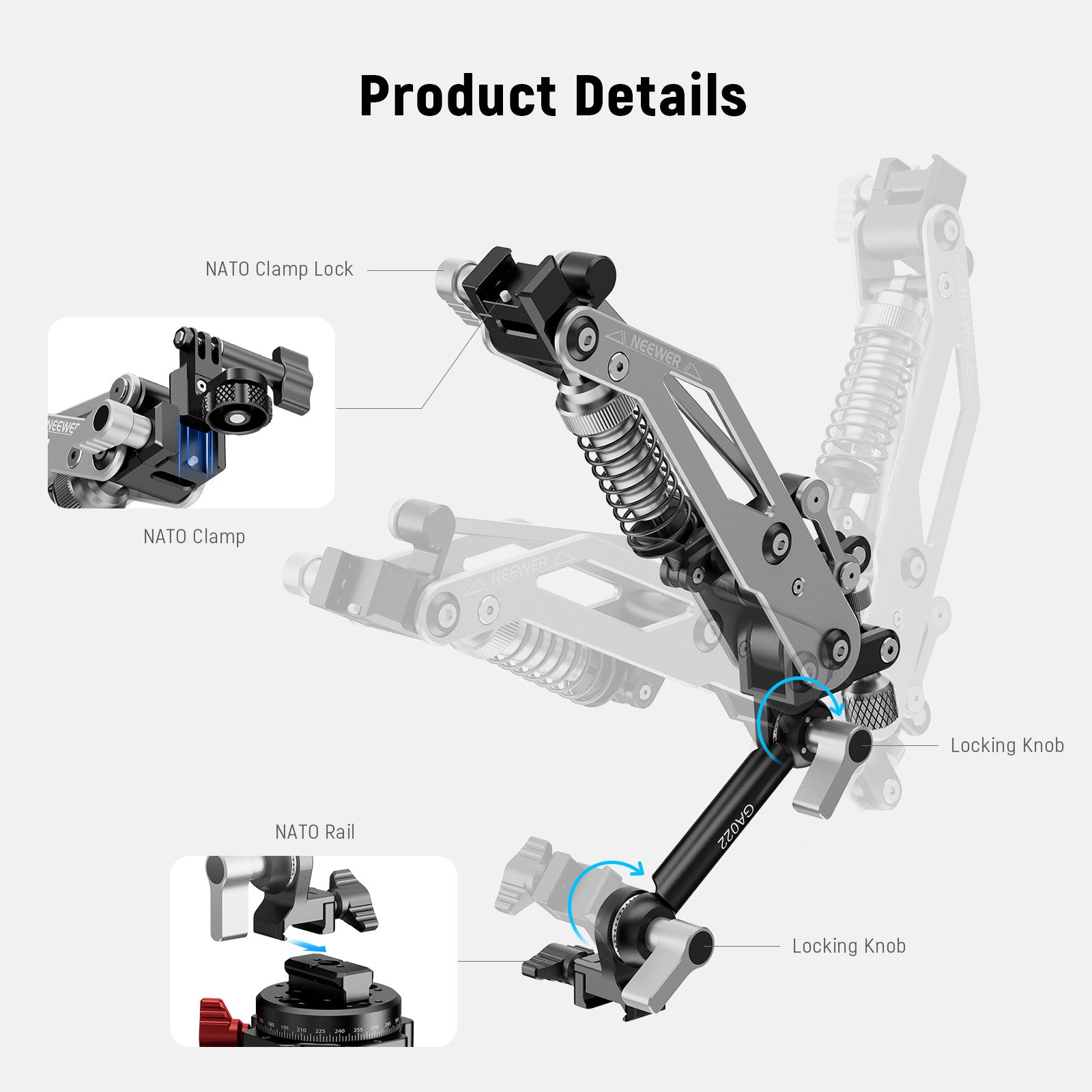 NEEWER GA022 Hydraulic Boom Arm Suction Cup Mount for GoPro Hero 13/12 & DJI Pocket 3 - Professional Camera Stabilizer for Action Sports, Vlogging & Underwater Adventures