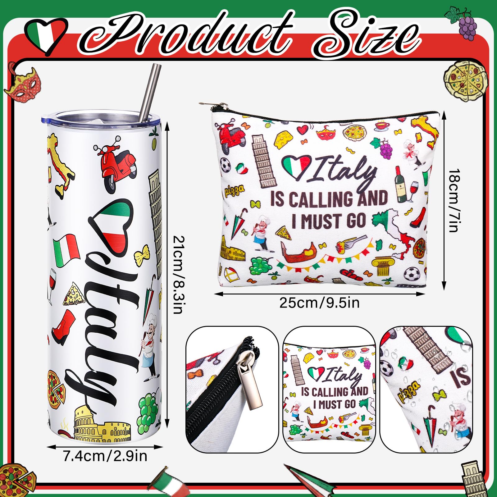 5-Piece Italy Travel Gift Set for Women - Funny Italy-Themed Souvenirs with Cosmetic Bag, Thermal Cup & Keychain - Perfect for Travelers, Birthday, Christmas & Party Gifts | Great for Vacation, Holiday Presents & Italian-Themed Events
